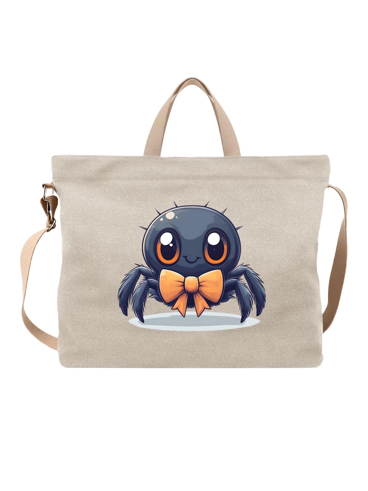 Сумка бежевая с принтом Милый черный паук с оранжевым бантом — cute cartoon spider — Бежевая, фото 1