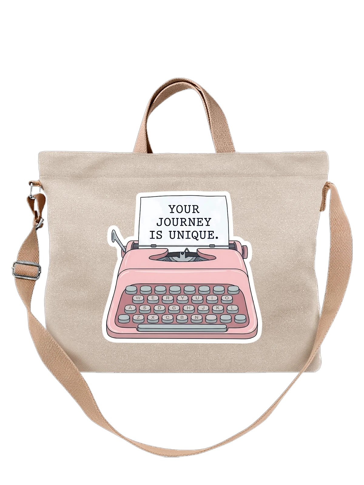 Сумка бежевая с принтом с розовой винтажной печатной машинкой — typewriter with paper sheet — Бежевая, фото 1