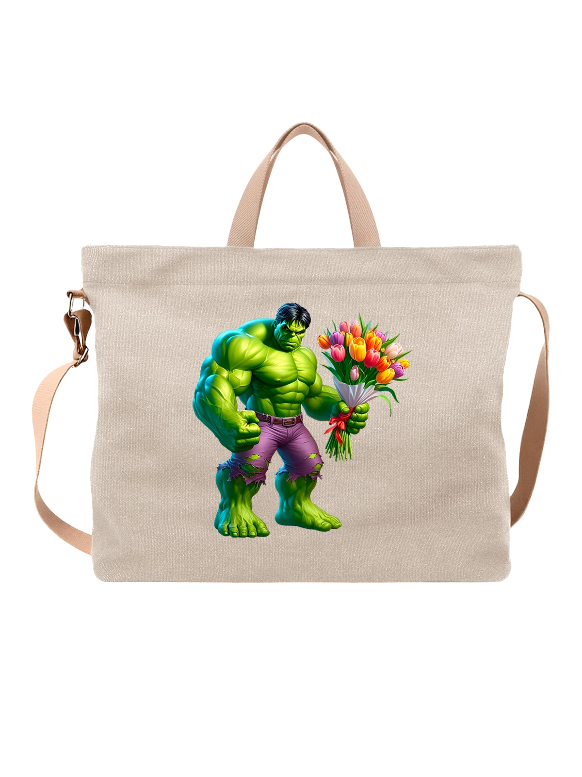 Сумка с Халком Hulk тюльпанами белая с принтом — подарок любителю цветов — Белая, фото 1
