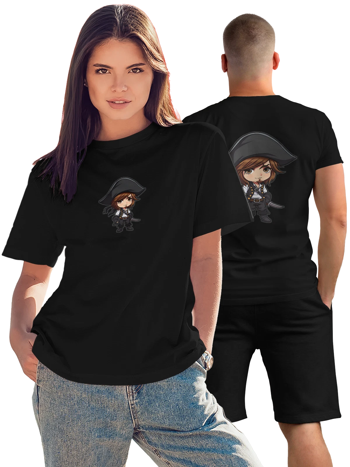 Футболка Пират с саблей в черной шляпе и камзоле чёрная с принтом на спине — черный камзол — Чёрная, фото 1