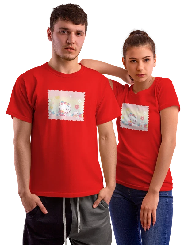 Футболка Милый Hello Kitties цветочный фон — Красная, фото 1