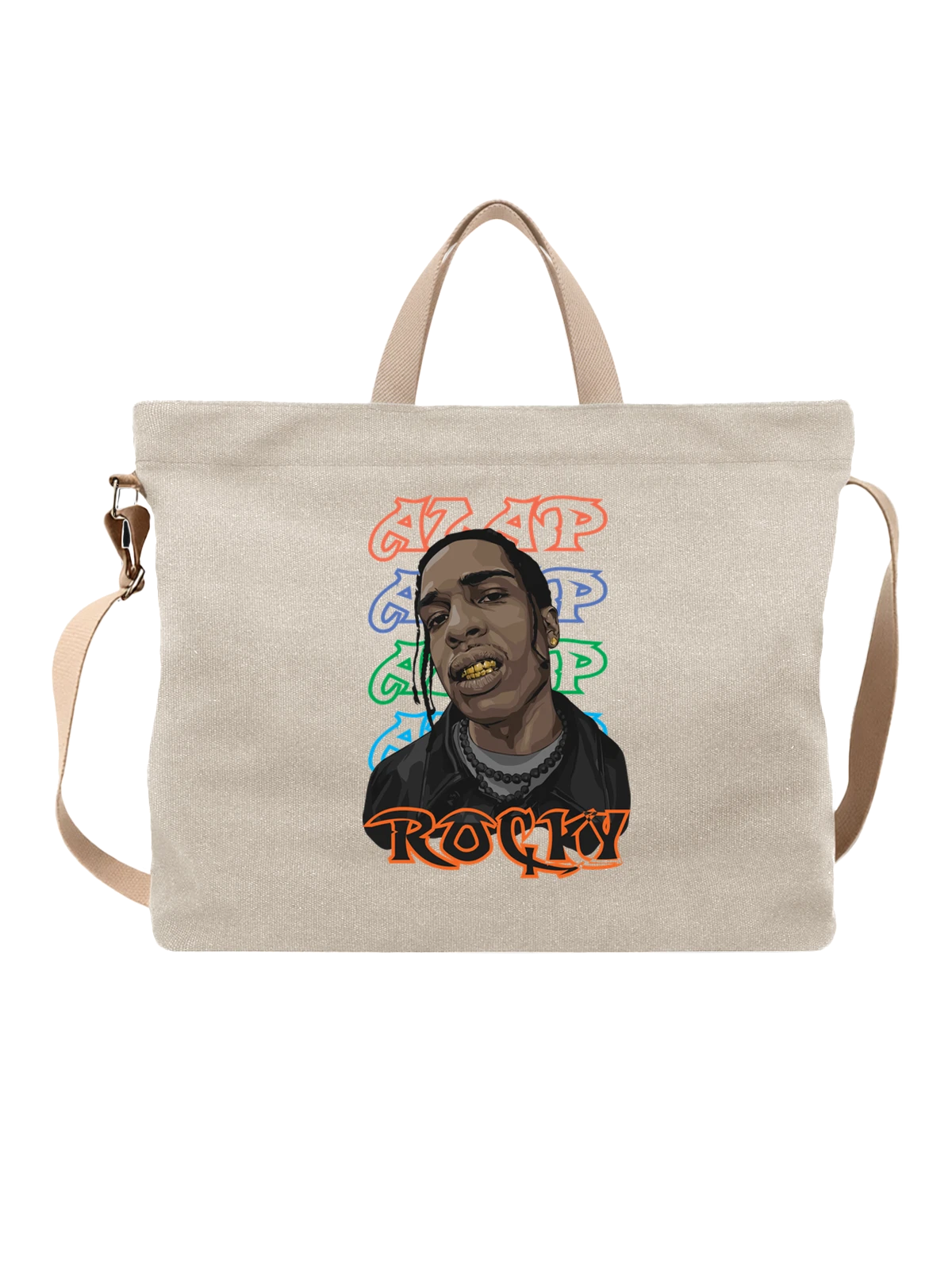 Сумка бежевая с принтом A$AP Rocky в черной куртке с золотыми зубами — золотые зубы — Бежевая, фото 1