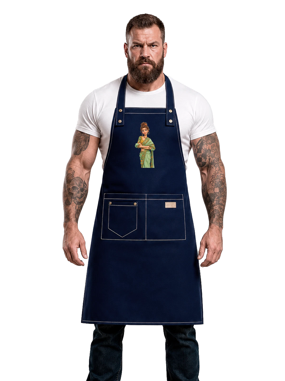 Фартук синий с принтом Девушка в зелёном сари с украшениями — украшения — Синяя, фото 1