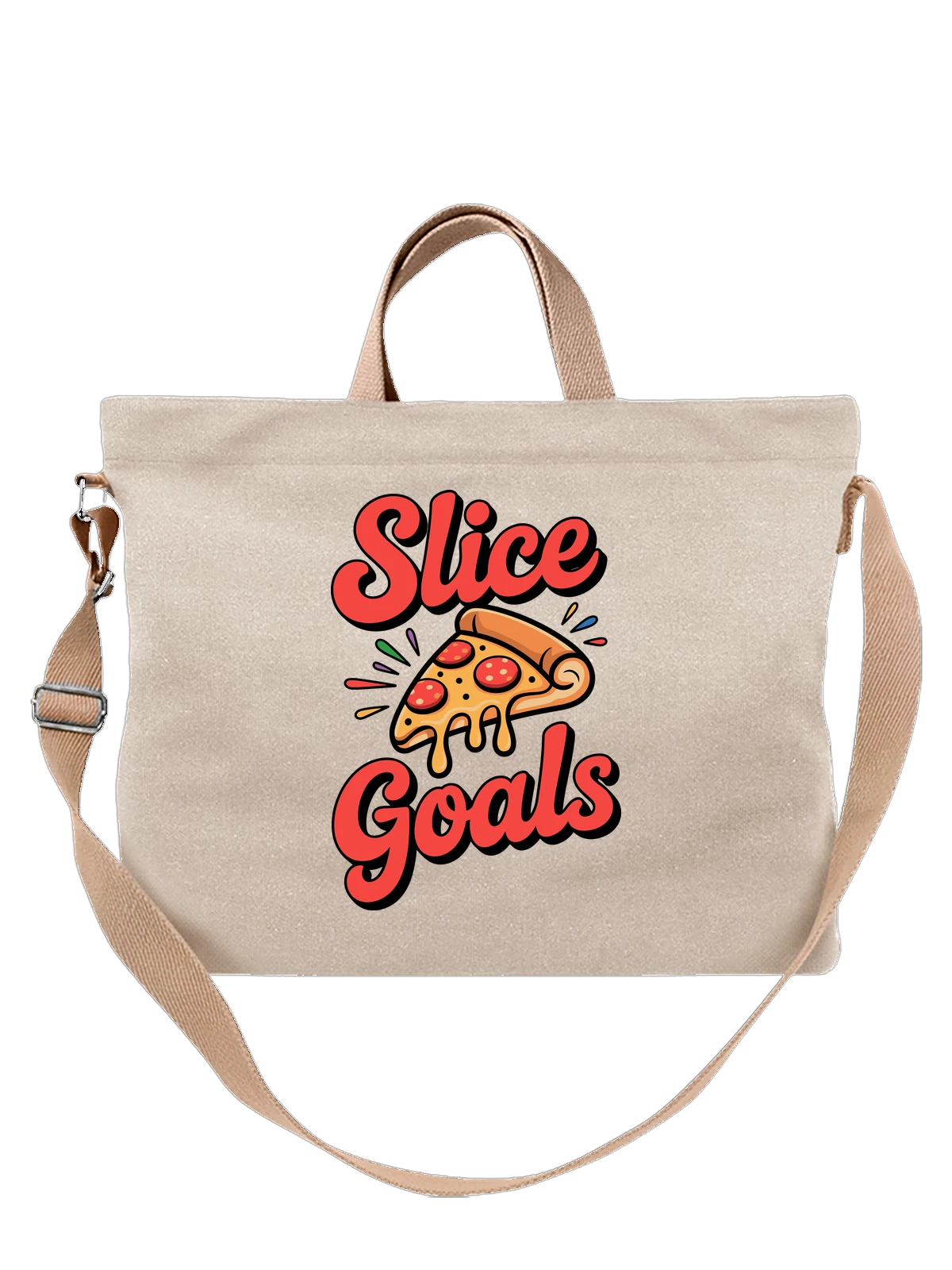 Сумка бежевая с принтом Slice Goals с ломтиком пиццы — аппетитная пицца — Бежевая, фото 1
