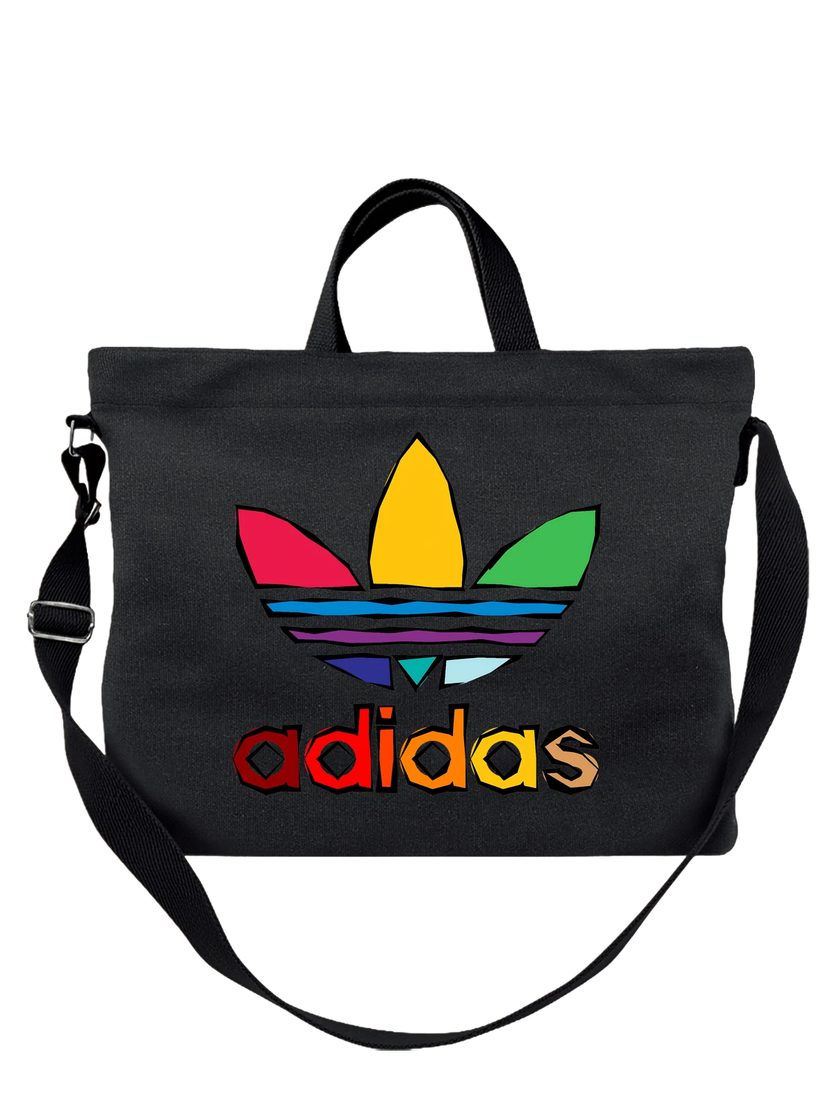 Сумка Adidas с цветным логотипом и надписью чёрная с принтом — логотип на белом фоне — Чёрная, фото 1