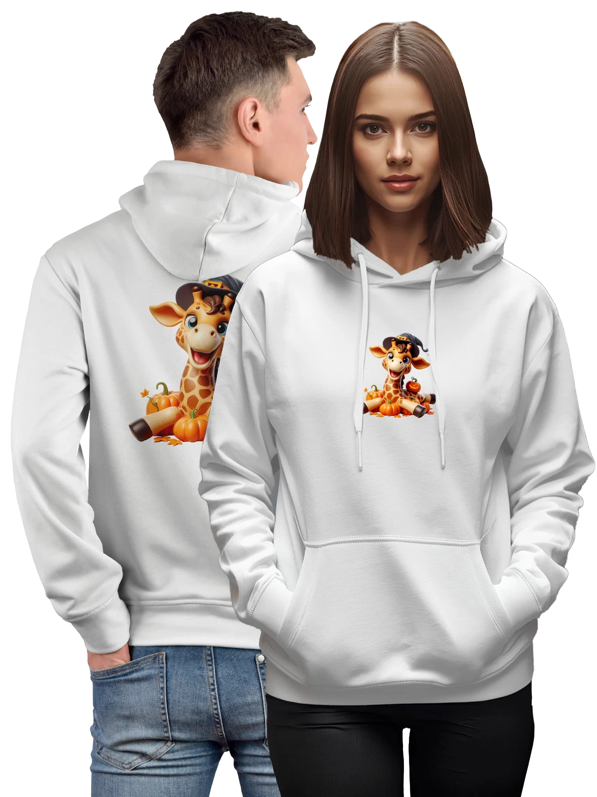 Худи Жирафа в ведьминой шляпе с тыквами белое с принтом — giraffe halloween — Белая, фото 1