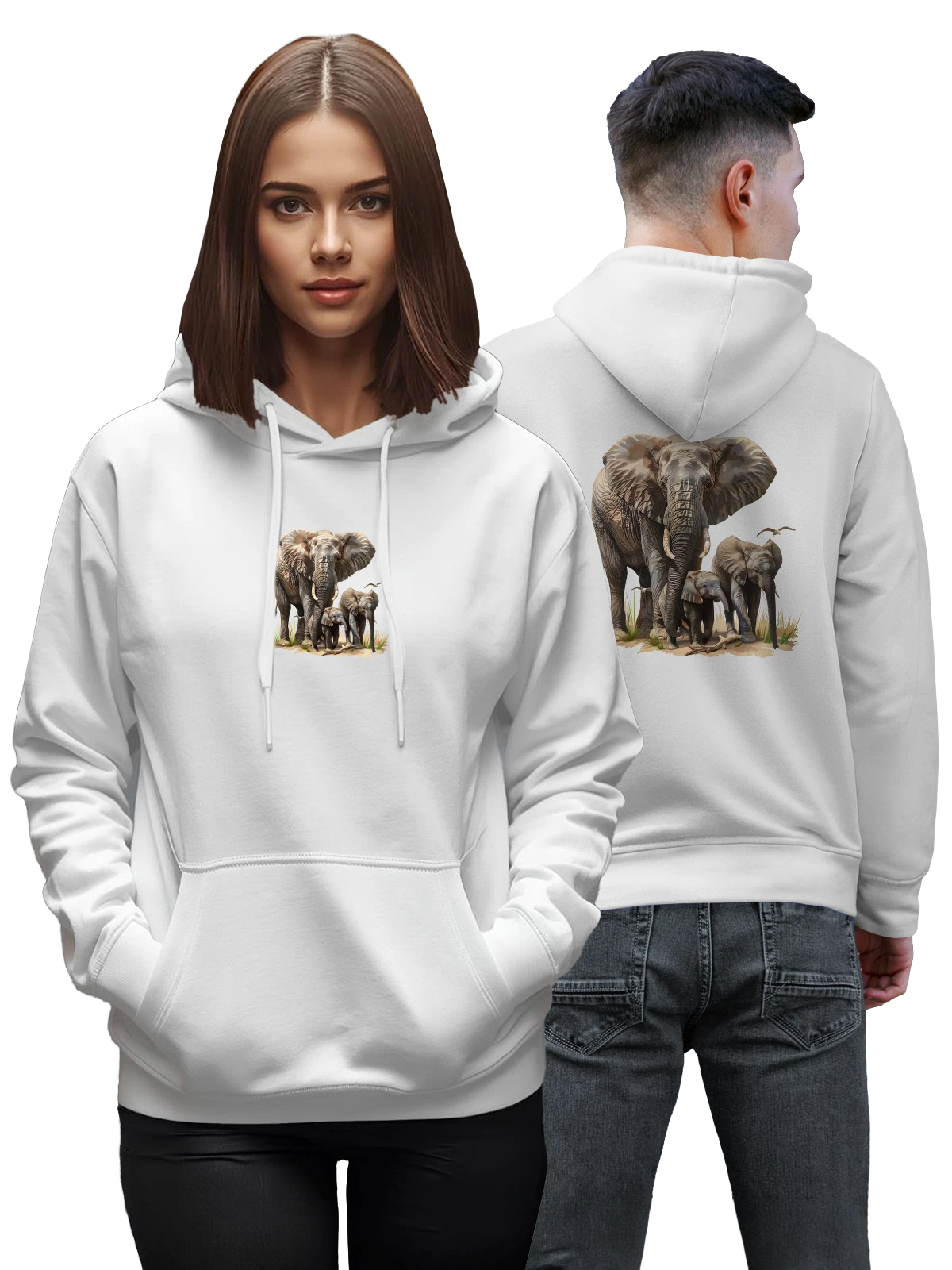 Худи Африканский слон и слонята на саванне белое с принтом — хобот — Белая, фото 1