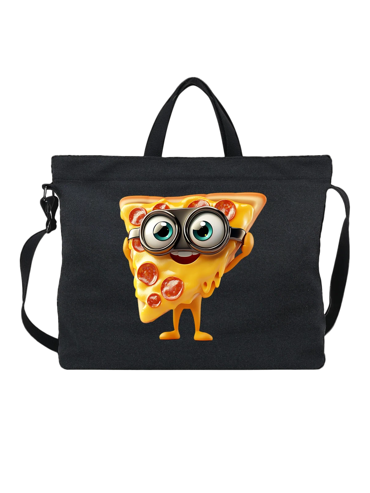 Сумка чёрная с принтом Кусок пиццы в больших очках — улыбающаяся пицца — Чёрная, фото 1