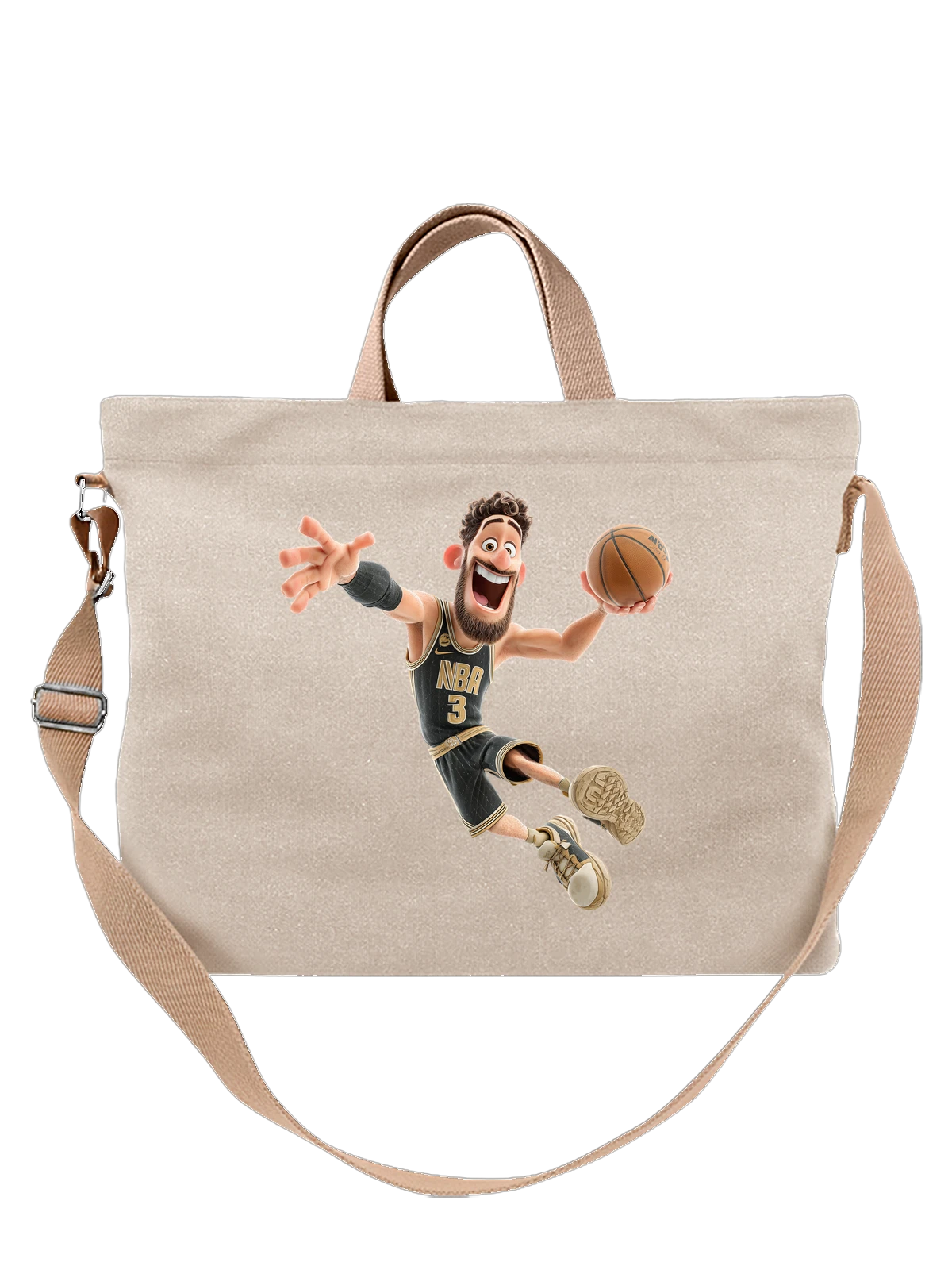 Сумка бежевая с принтом Баскетболист NBA 3 в черной форме — спортивный персонаж — Бежевая, фото 1