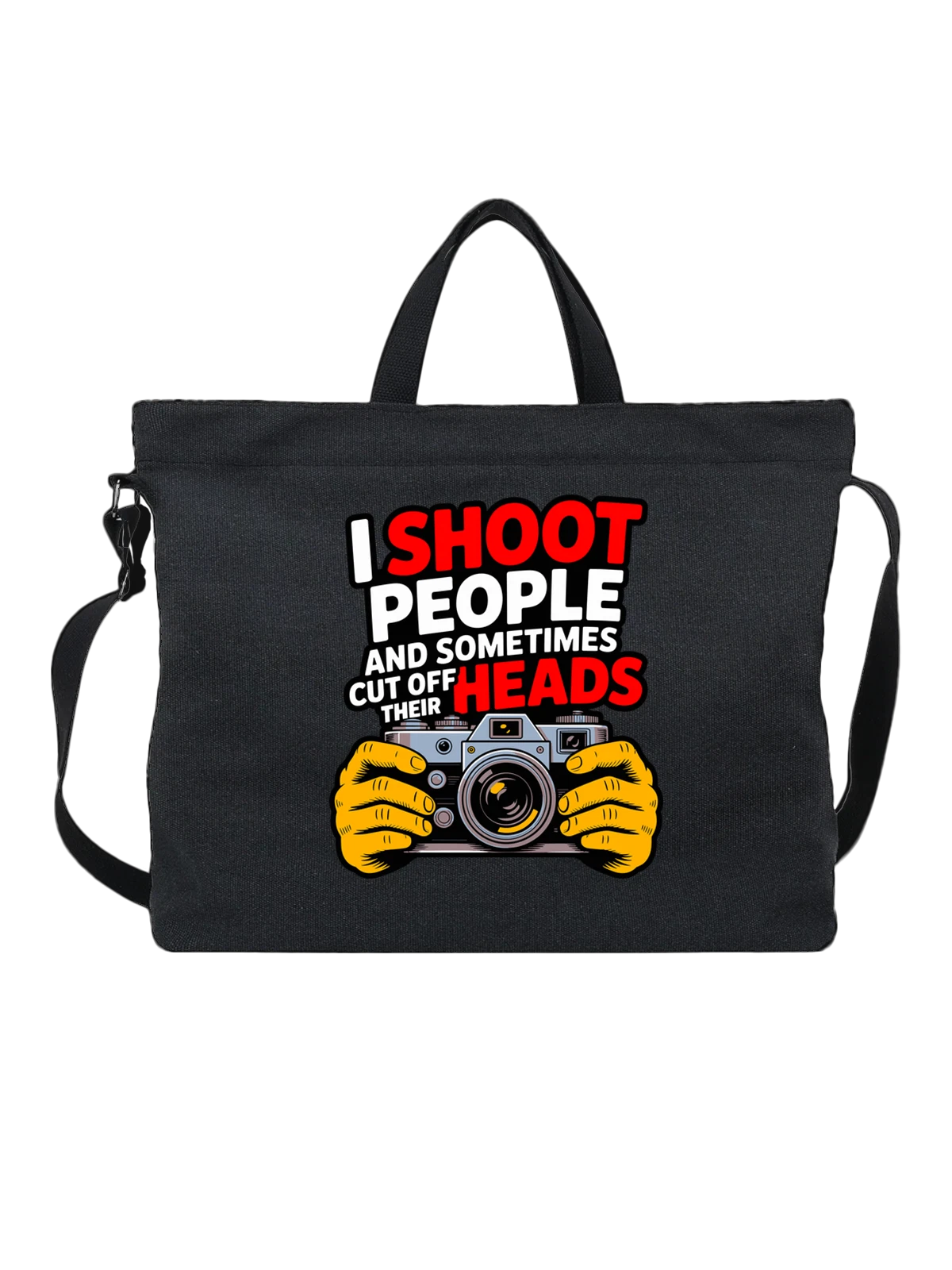 Сумка чёрная с принтом I Shoot People с ретро камерой — vintage photography — Чёрная, фото 1