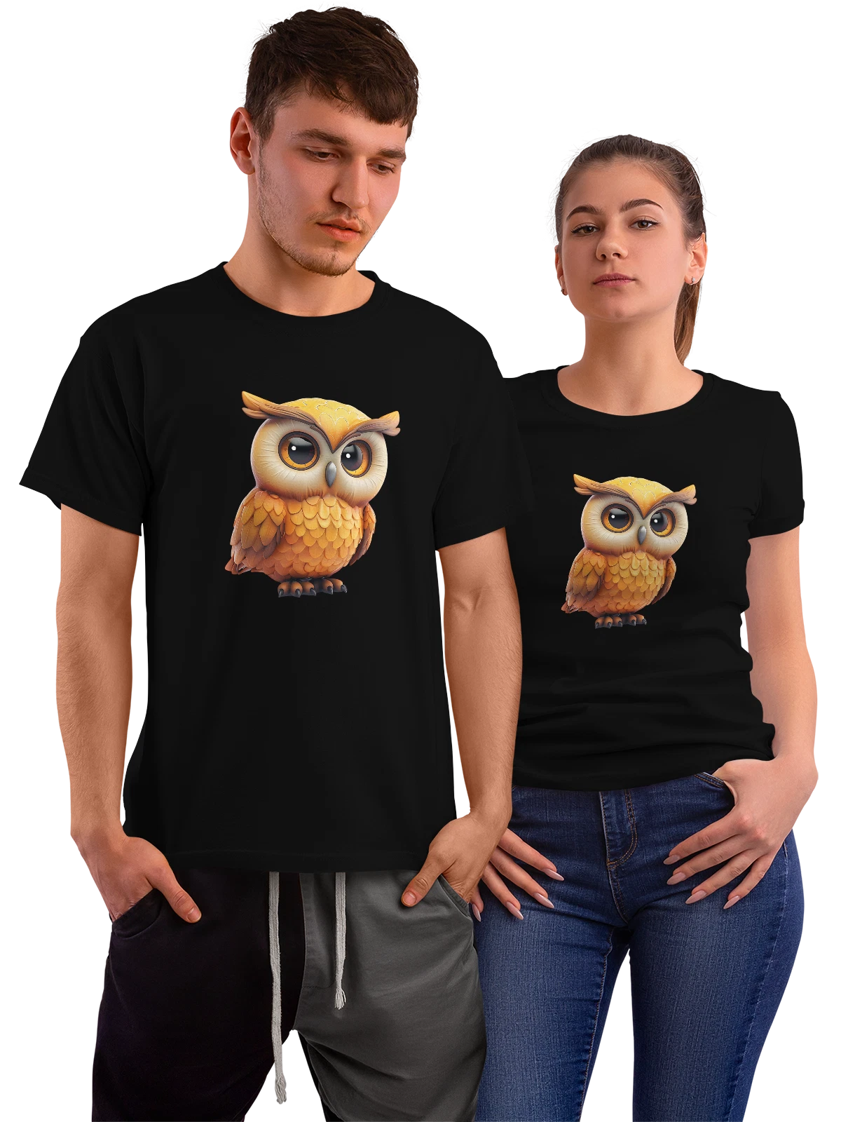 Футболка Мультяшная сова с большими глазами чёрная с принтом — оранжевые тона — Чёрная, фото 1