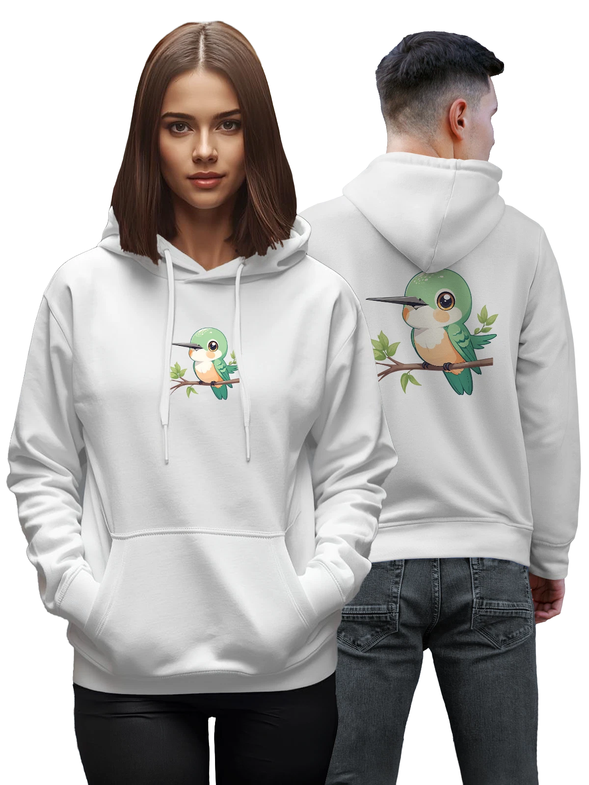 Худи с милым зимородком на ветке белое с принтом — длинный клюв — Белая, фото 1