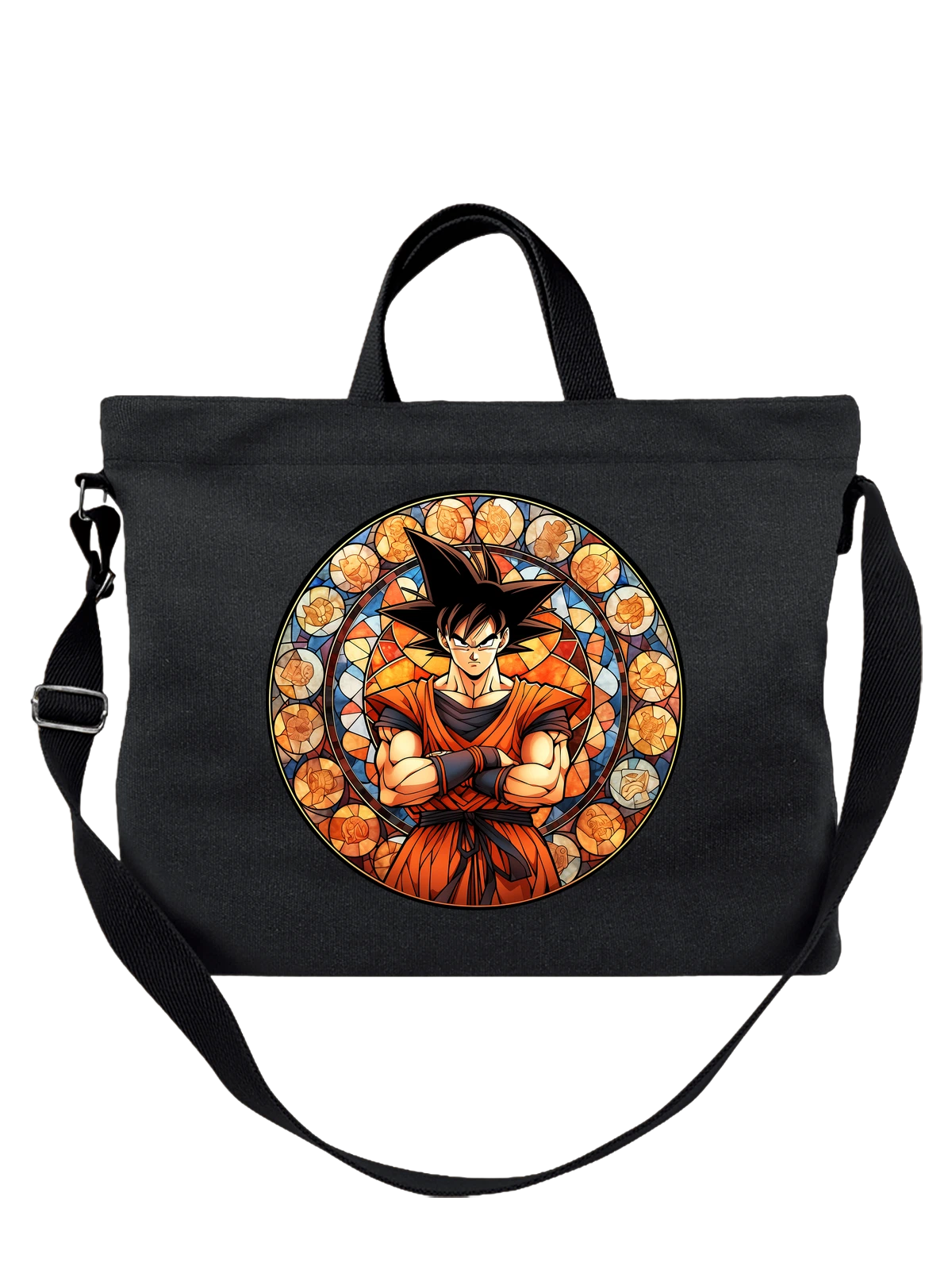 Сумка Гоку в оранжевом кимоно Dragon Ball Z чёрная с принтом — круглый орнамент — Чёрная, фото 1