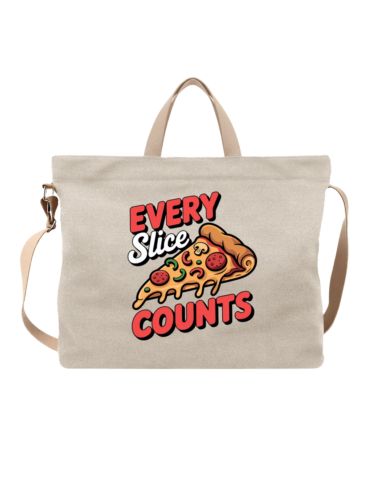 Сумка бежевая с принтом Кусок пиццы с надписью Every Slice Counts — слоган про пиццу — Бежевая, фото 1