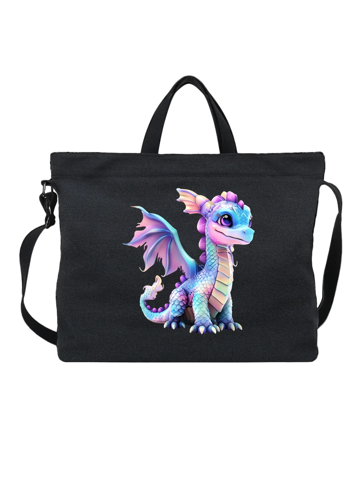 Сумка чёрная с принтом с милым фиолетово-голубым baby dragon — фантазийное существо — Чёрная, фото 1