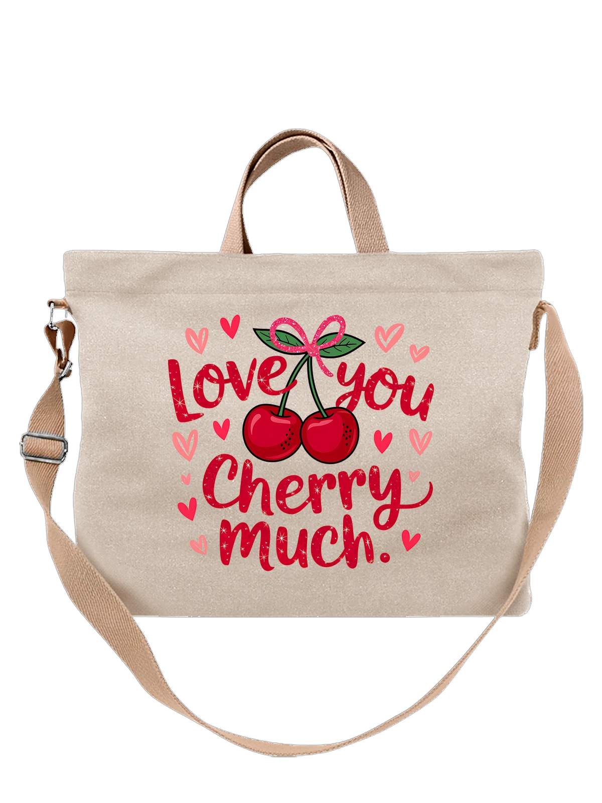 Сумка бежевая с принтом с вишнями и надписью love you cherry much — романтическая надпись — Бежевая, фото 1