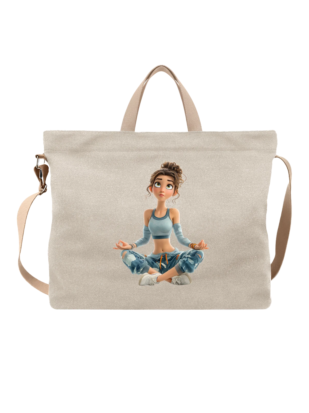 Сумка бежевая с принтом Мультяшная cartoon girl в позе лотоса — кроссовки — Бежевая, фото 1