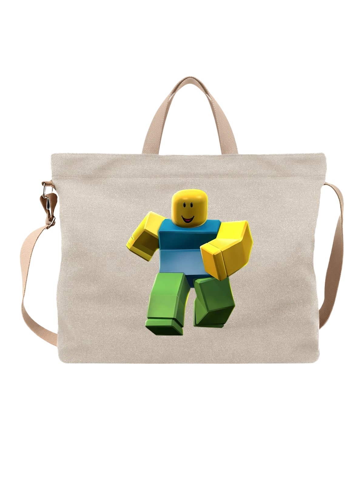 Сумка бежевая с принтом Roblox улыбающийся персонаж в блоковом стиле — синяя майка — Бежевая, фото 1