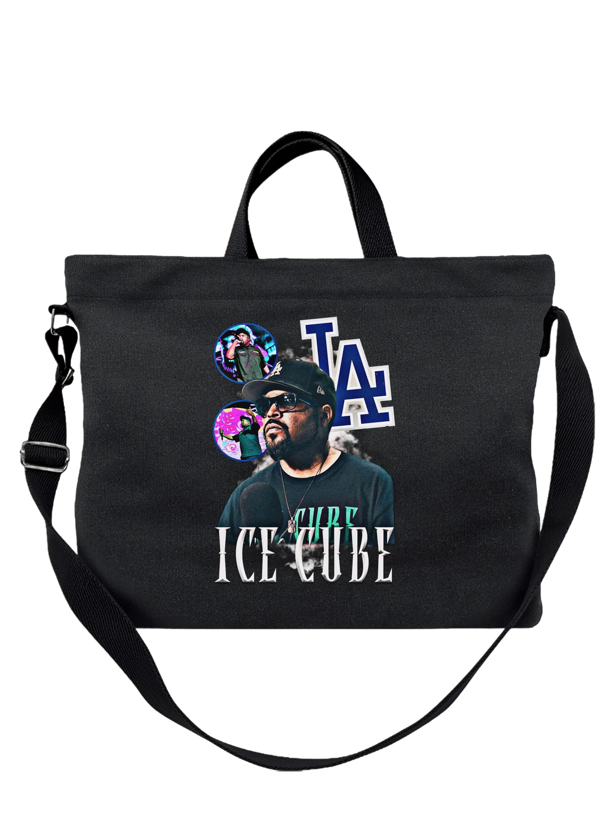 Сумка чёрная с принтом Ice Cube в кепке и очках на сцене — сценический образ — Чёрная, фото 1