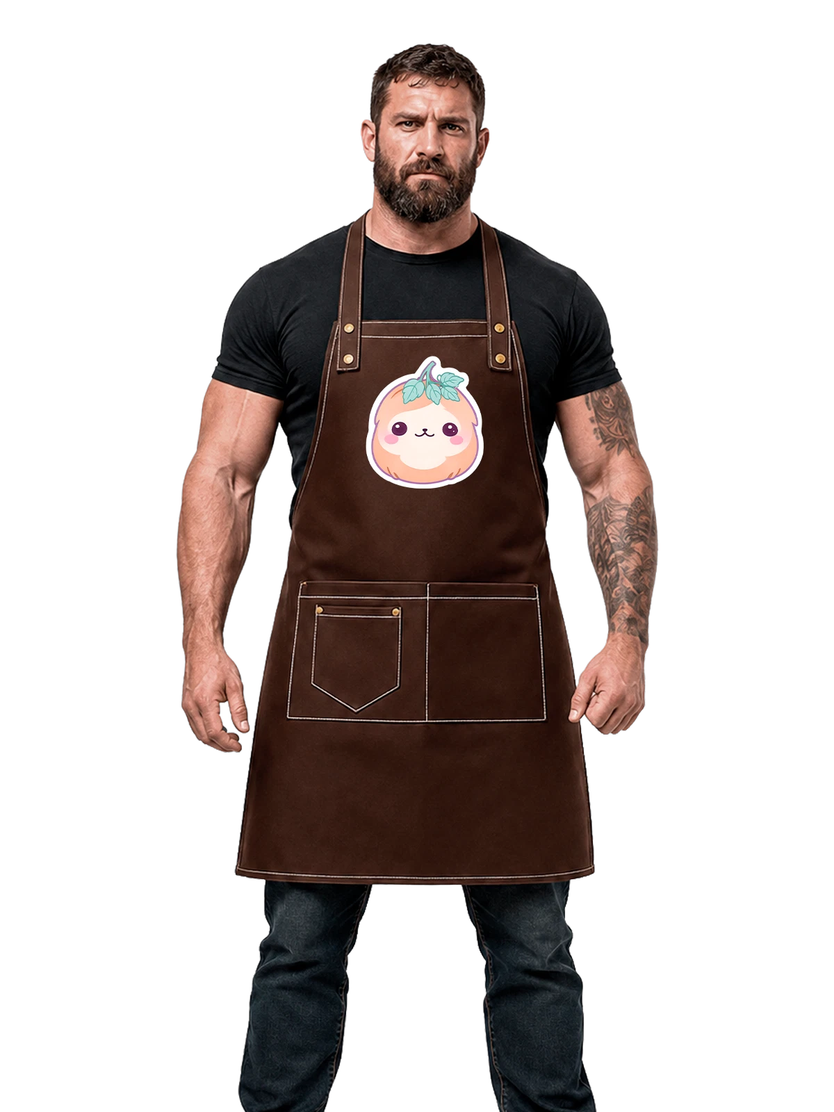 Фартук Милый персик с листочками и мордочкой чёрный с принтом — детская иллюстрация — Чёрная, фото 1