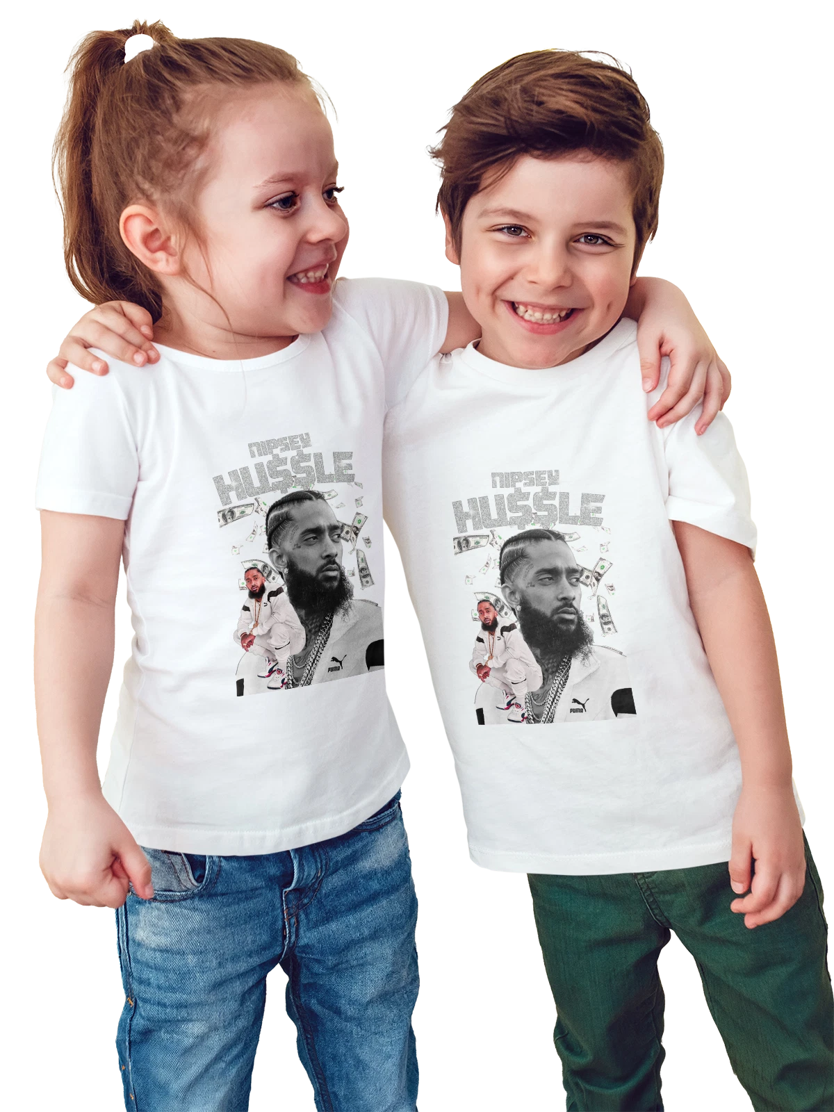 Футболка детская Nipsey Hussle с долларами и цепями белая с принтом — доллары США — Белая, фото 1