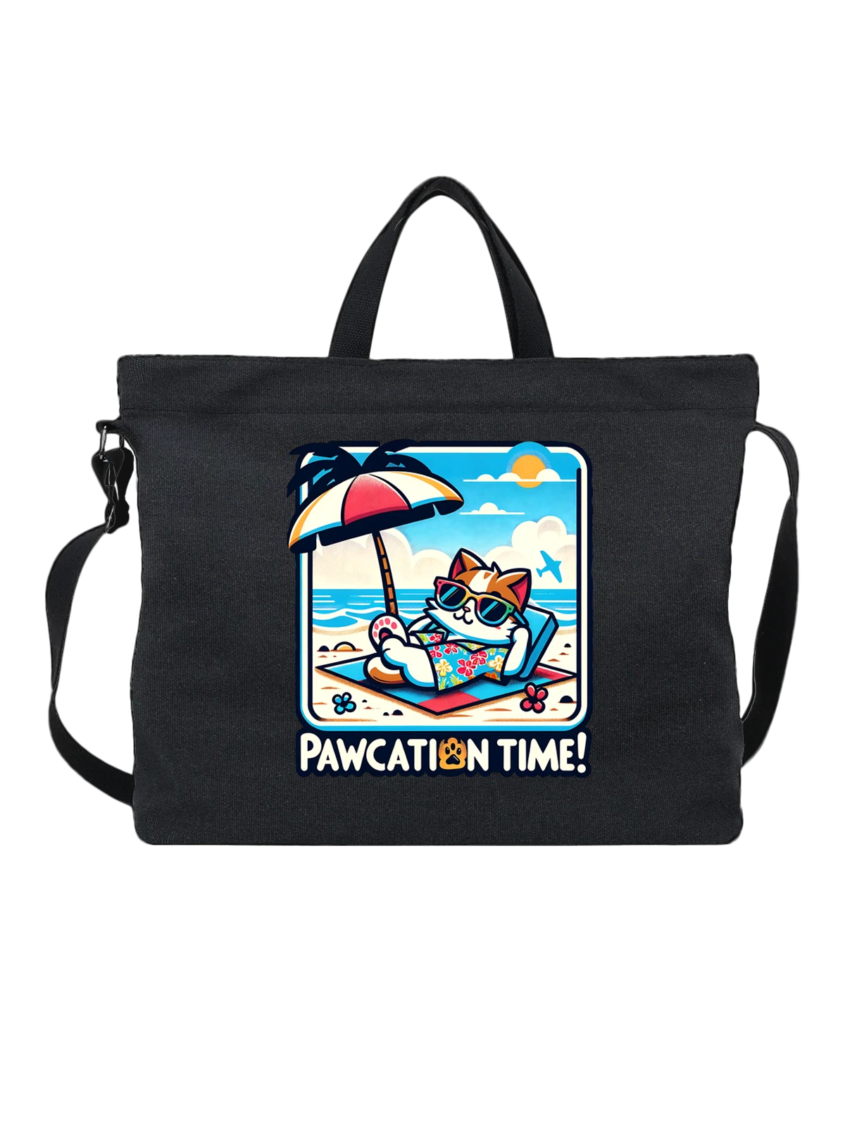 Сумка чёрная с принтом Кот в очках на пляже PAWCATION TIME — морской берег — Чёрная, фото 1