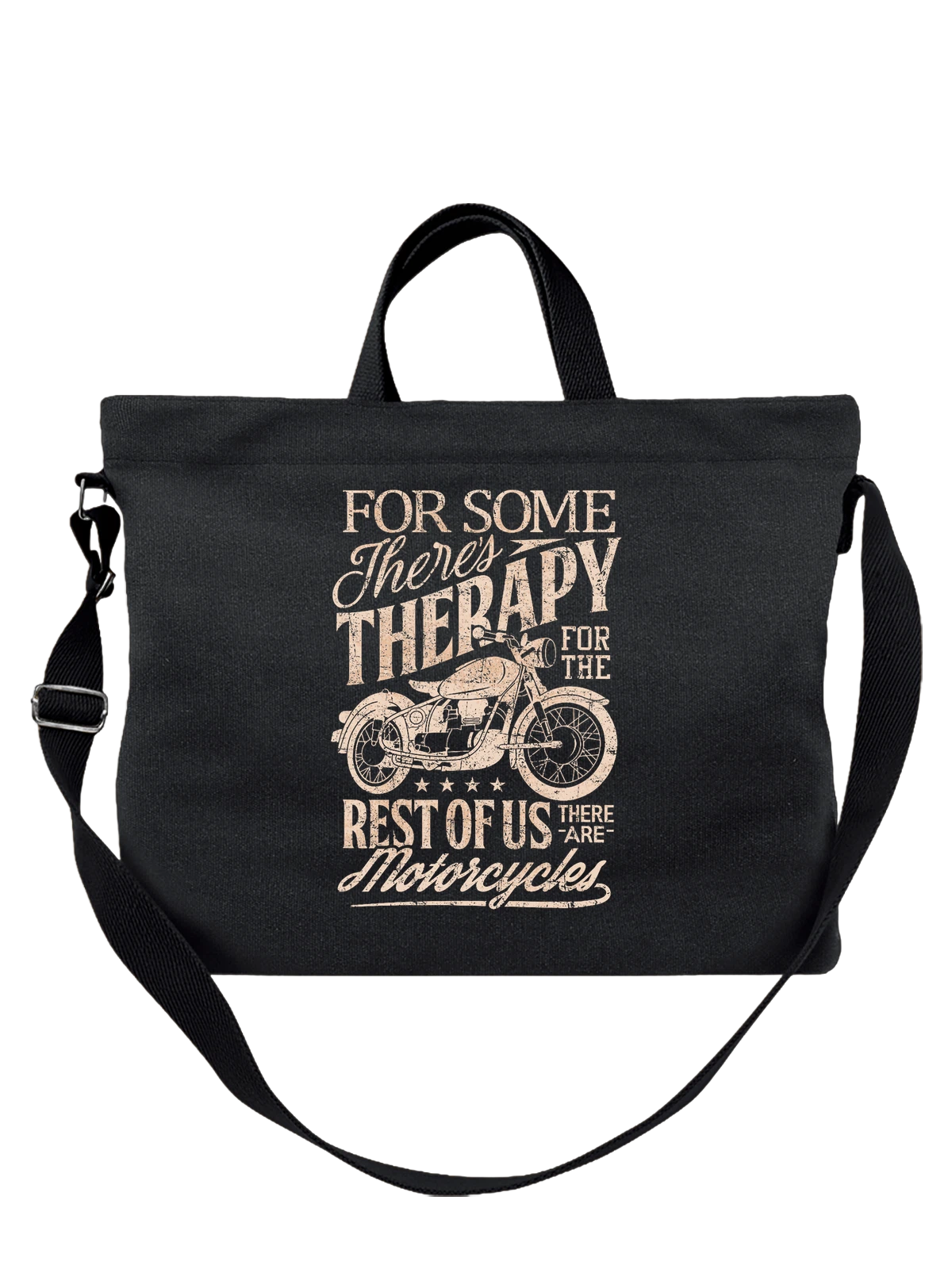 Сумка чёрная с принтом с мотоциклом и надписью For Some Therapy — байкер — Чёрная, фото 1