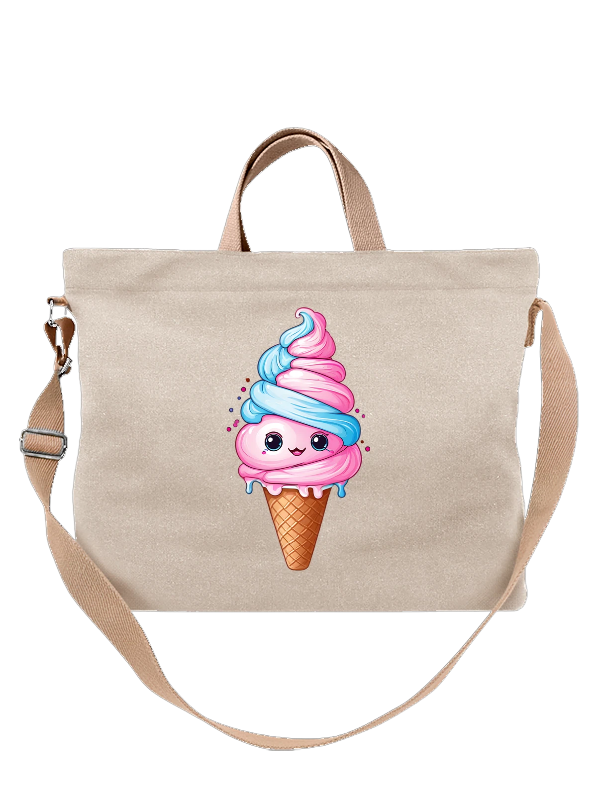 Сумка бежевая с принтом с милым ice cream cone kawaii — pink and blue swirled ice cream — Бежевая, фото 1