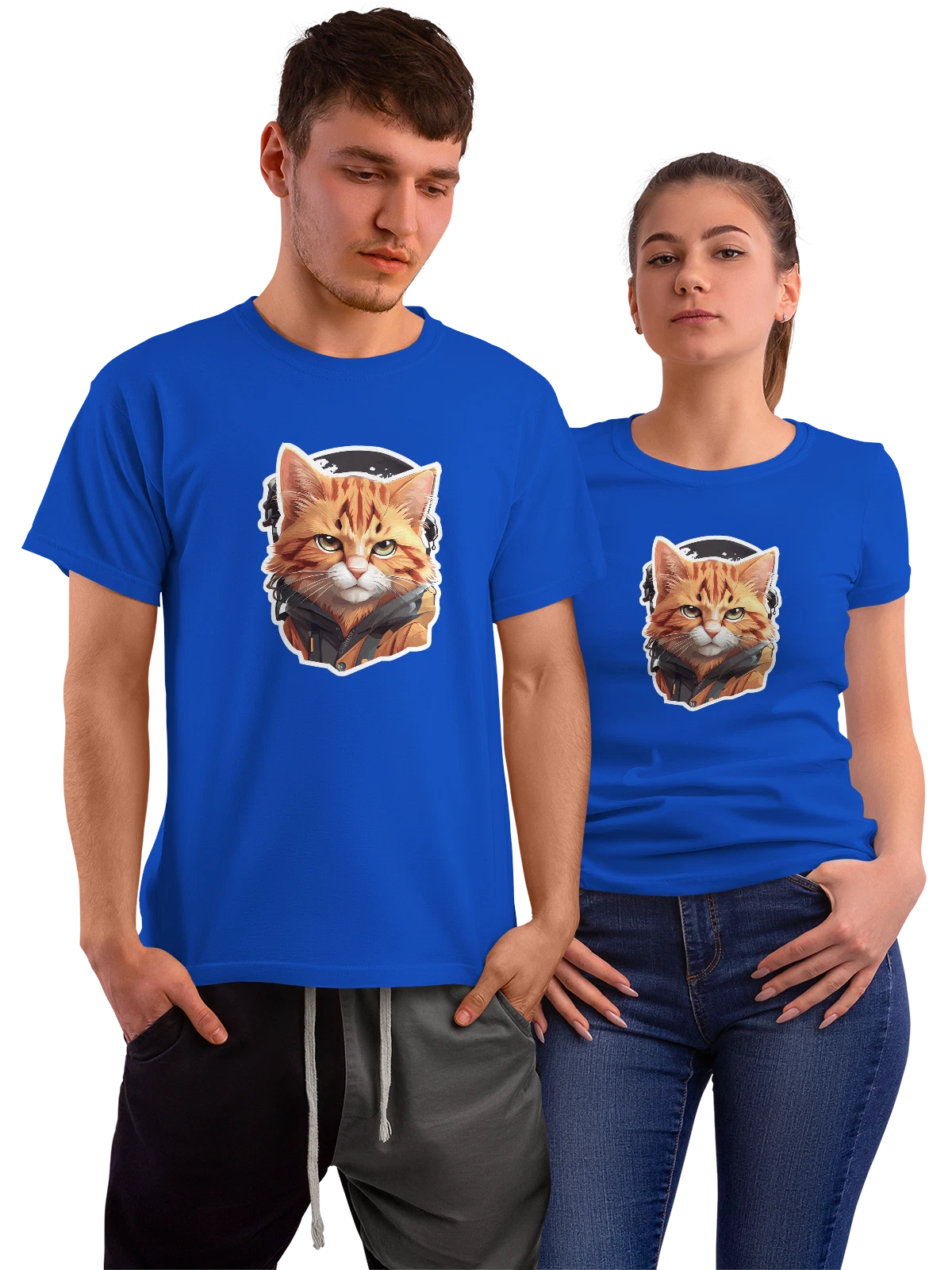 Футболка Мейн-кун Maine Coon аниме кот в наушниках и куртке синяя с принтом — крупный кот — Синяя, фото 1