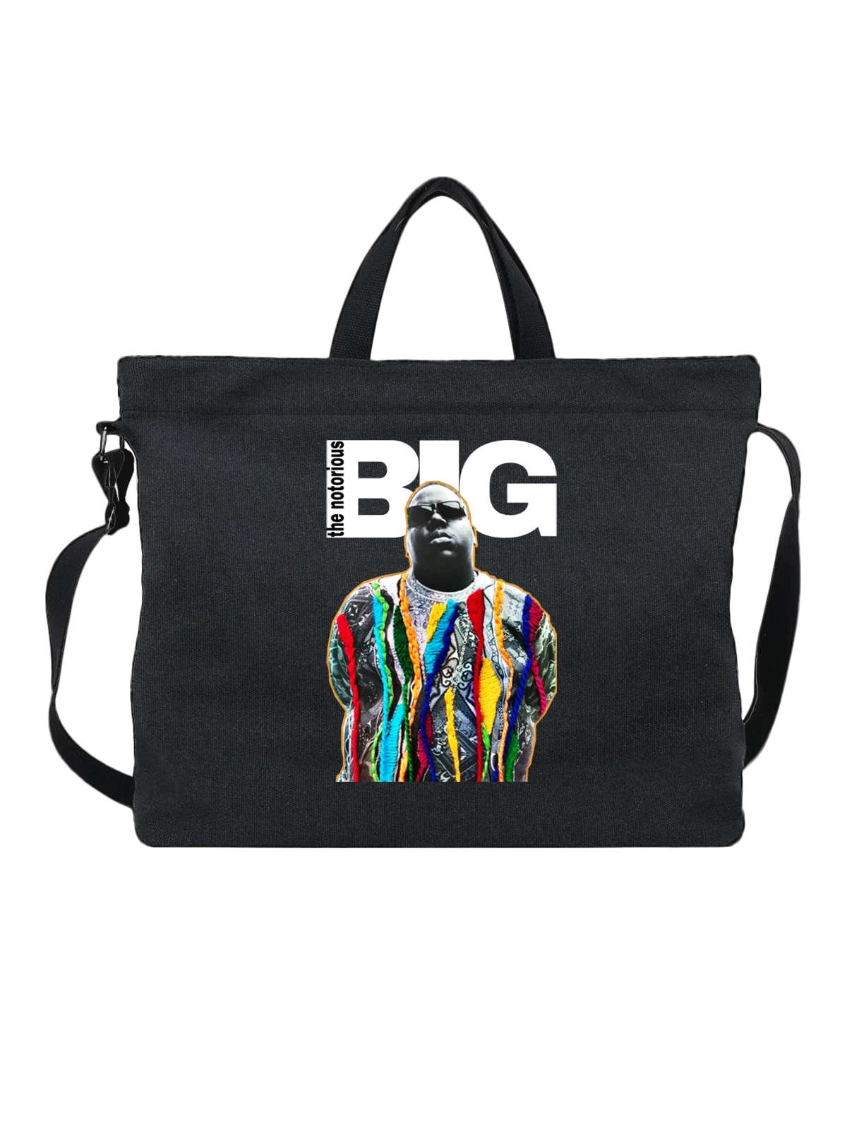 Сумка чёрная с принтом Notorious B I G в темных очках и ярких косах — музыкальный артист — Чёрная, фото 1