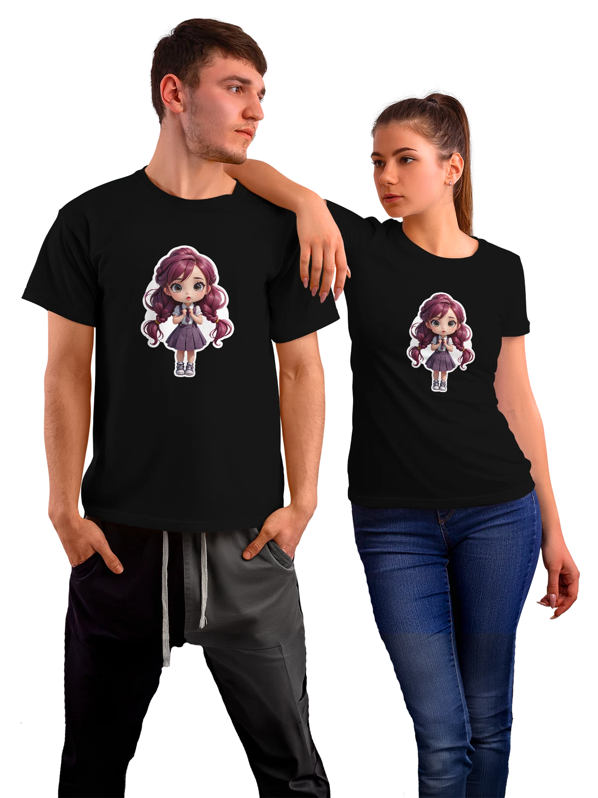 Футболка Аниме девочка с фиолетовыми волосами чёрная с принтом — кавай — Чёрная, фото 1