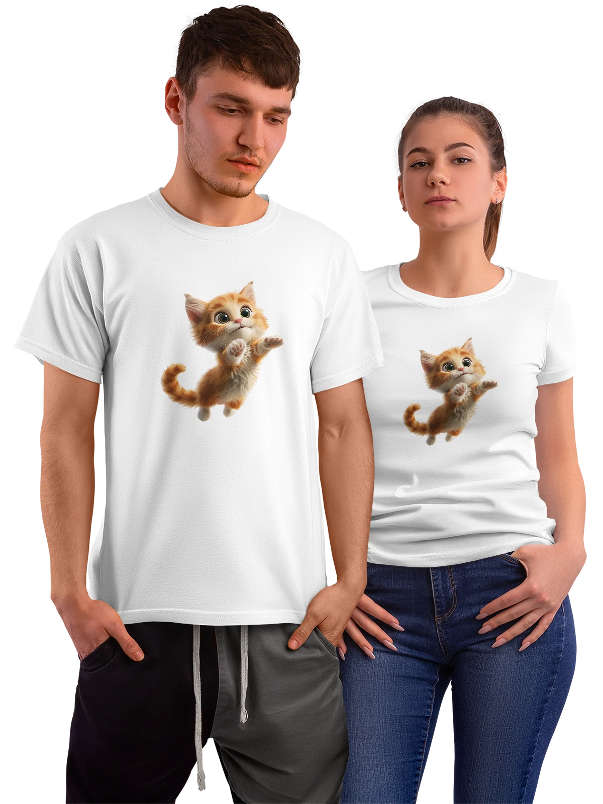 Футболка Милый рыжий котенок с большими глазами белая с принтом — прыгающий котенок — Белая, фото 1