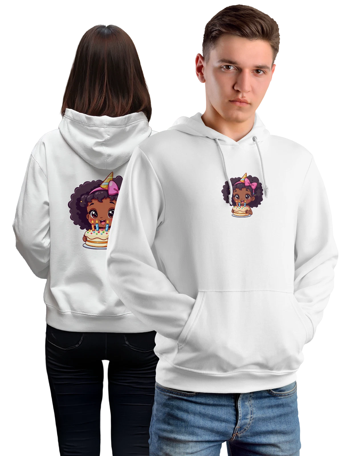 Худи Девочка с тортом и свечами на день рождения белое с принтом — мультяшная девочка — Белая, фото 1