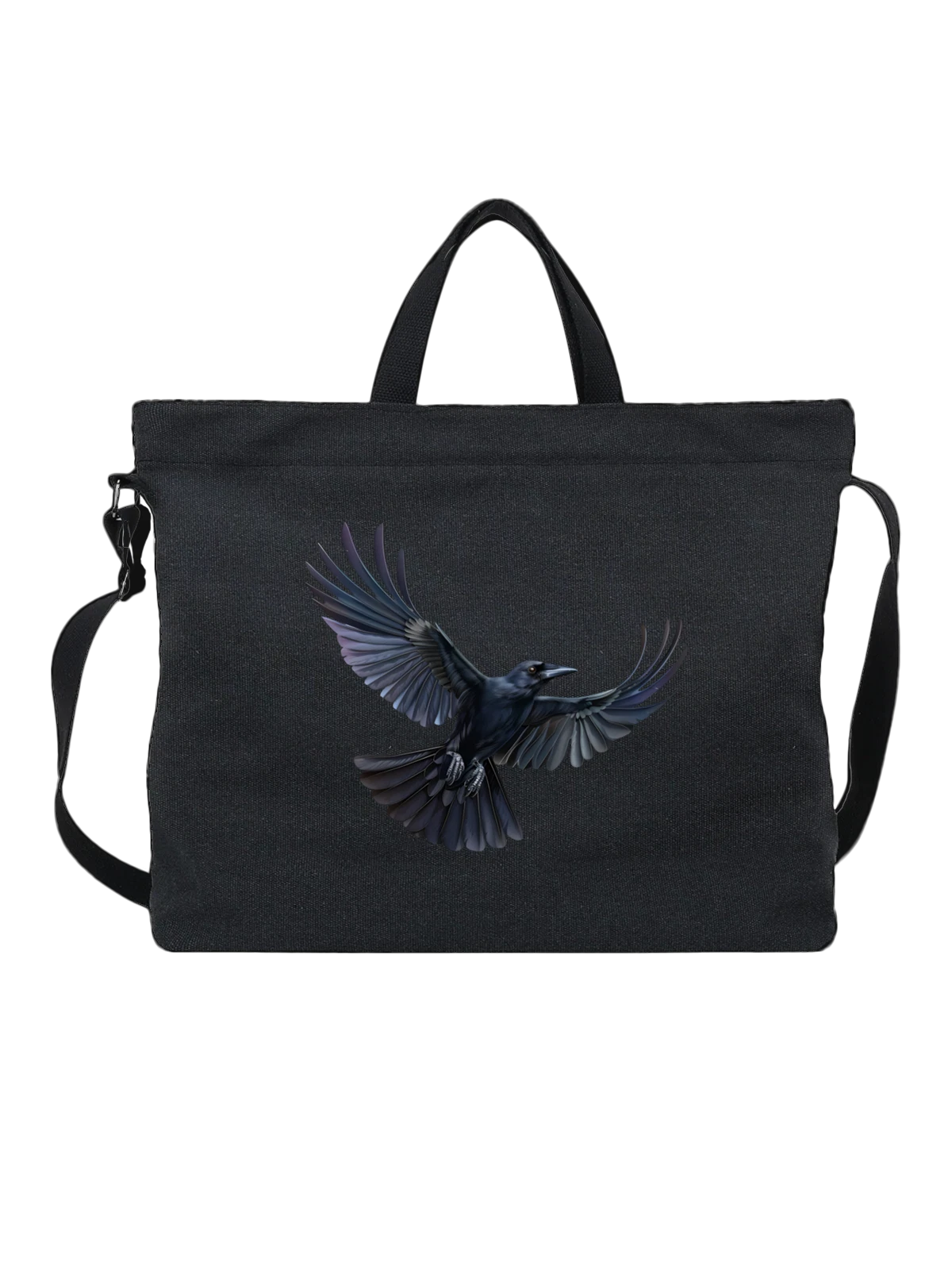 Сумка Common raven в полете с распахнутыми крыльями чёрная с принтом — крылья — Чёрная, фото 1