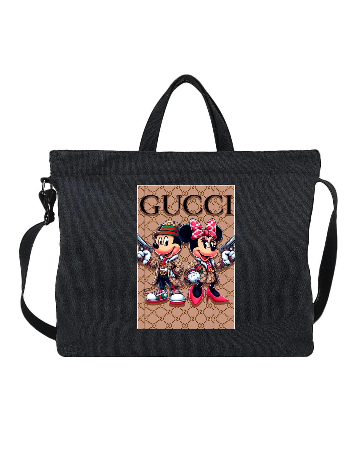 Сумка чёрная с принтом Gucci Микки и Минни в фирменном стиле — пистолеты — Чёрная, фото 1