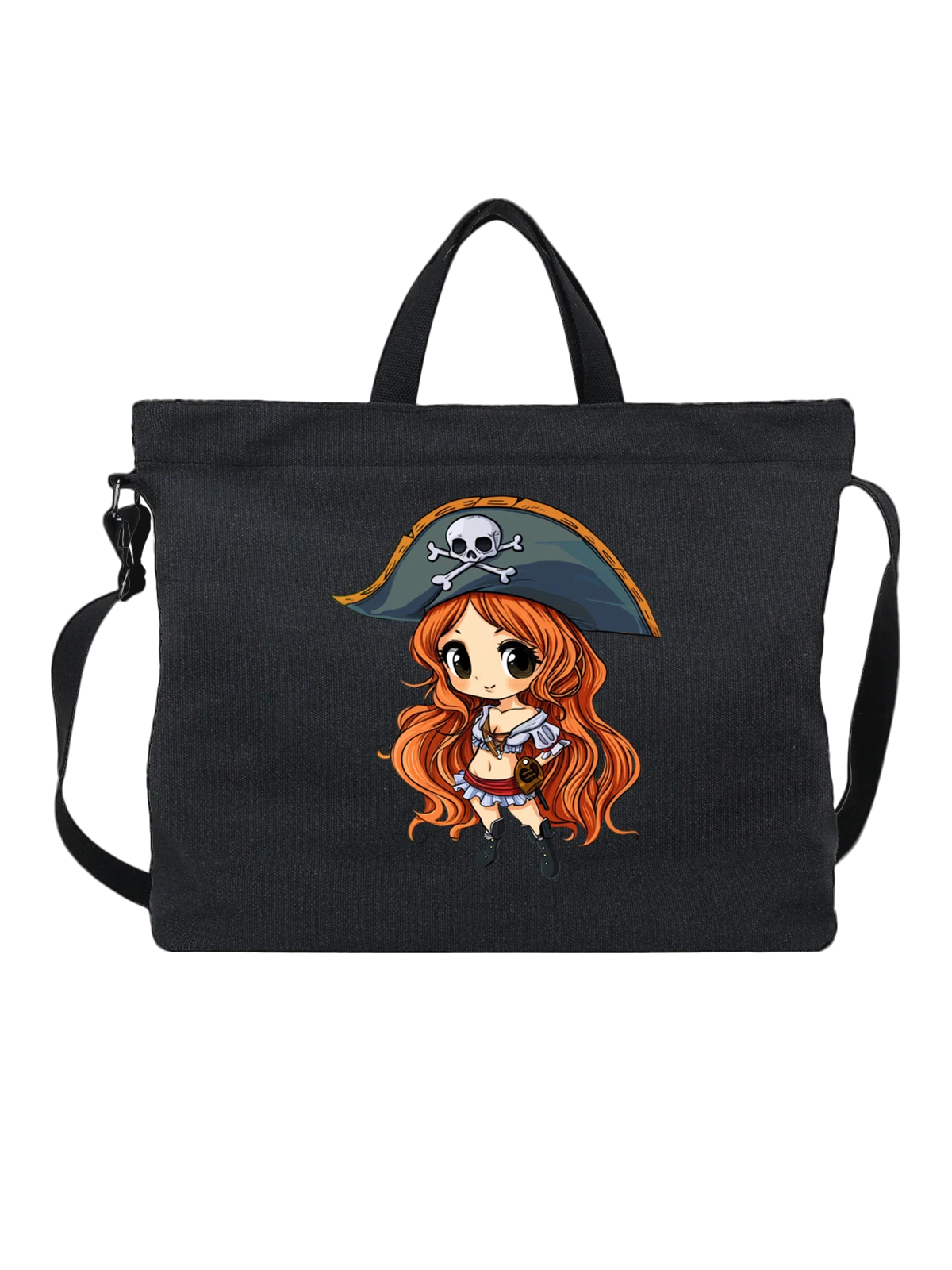 Сумка Аниме пиратка чиби с черепом и костями чёрная с принтом — orange long hair — Чёрная, фото 1