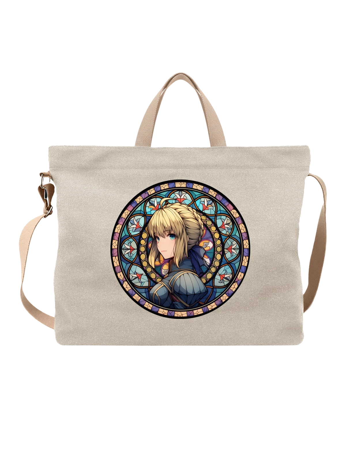 Сумка бежевая с принтом Blonde anime girl portrait в витраже — circular composition — Бежевая, фото 1