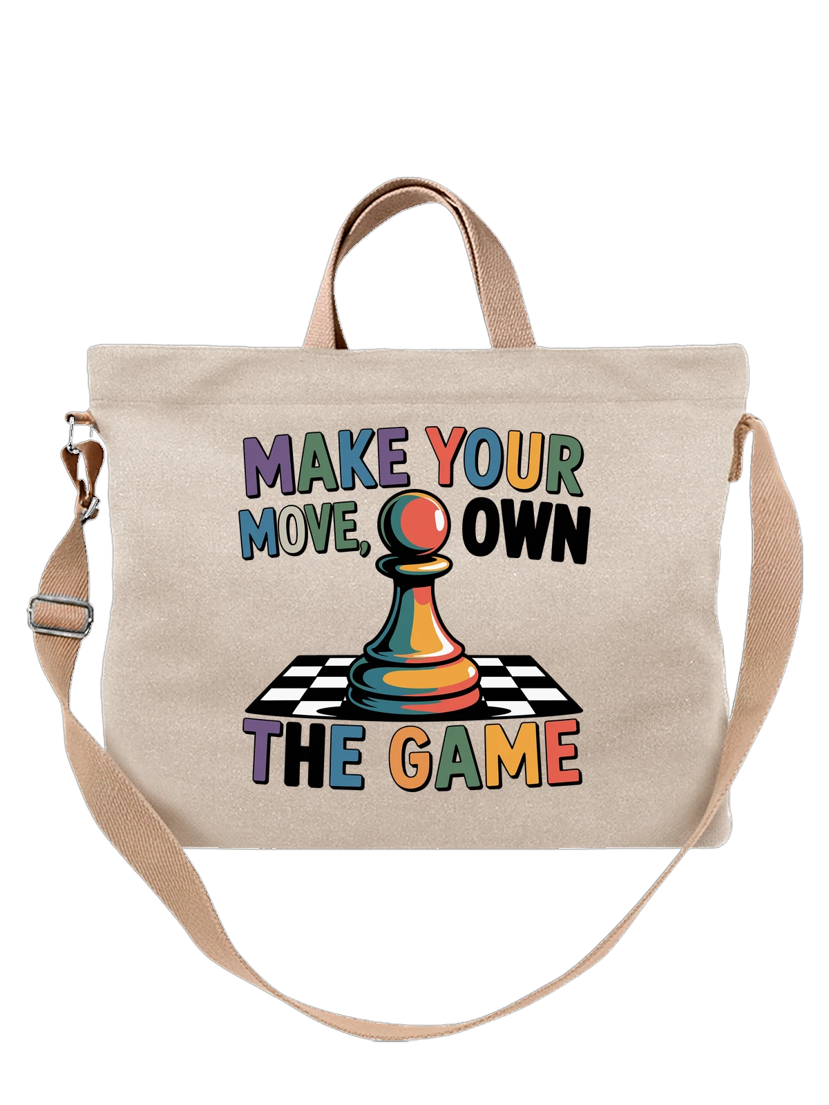 Сумка бежевая с принтом Шахматная фигура и надпись MAKE YOUR MOVE — стратегия — Бежевая, фото 1