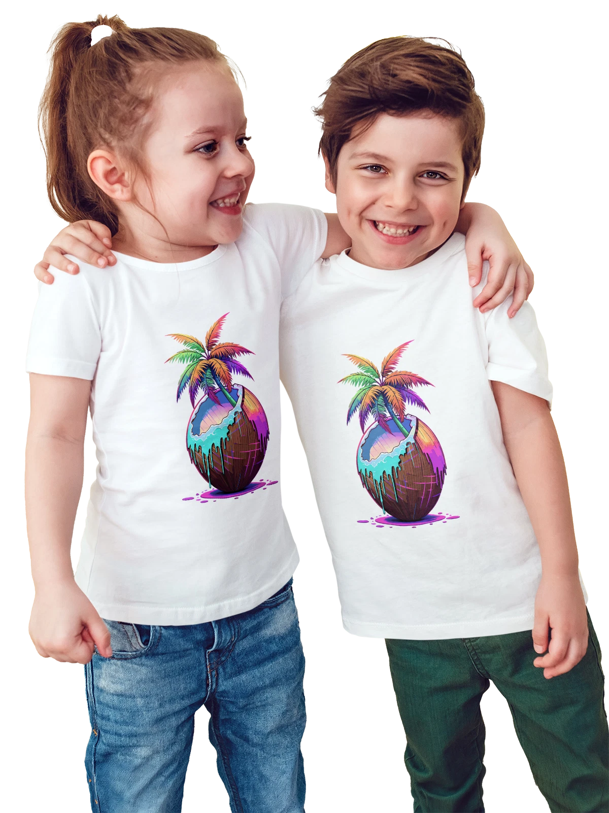 Футболка детская Кокосовая пальма Coconut Palm мультфильм тропически белая с принтом — экзотический фрукт — Белая, фото 1