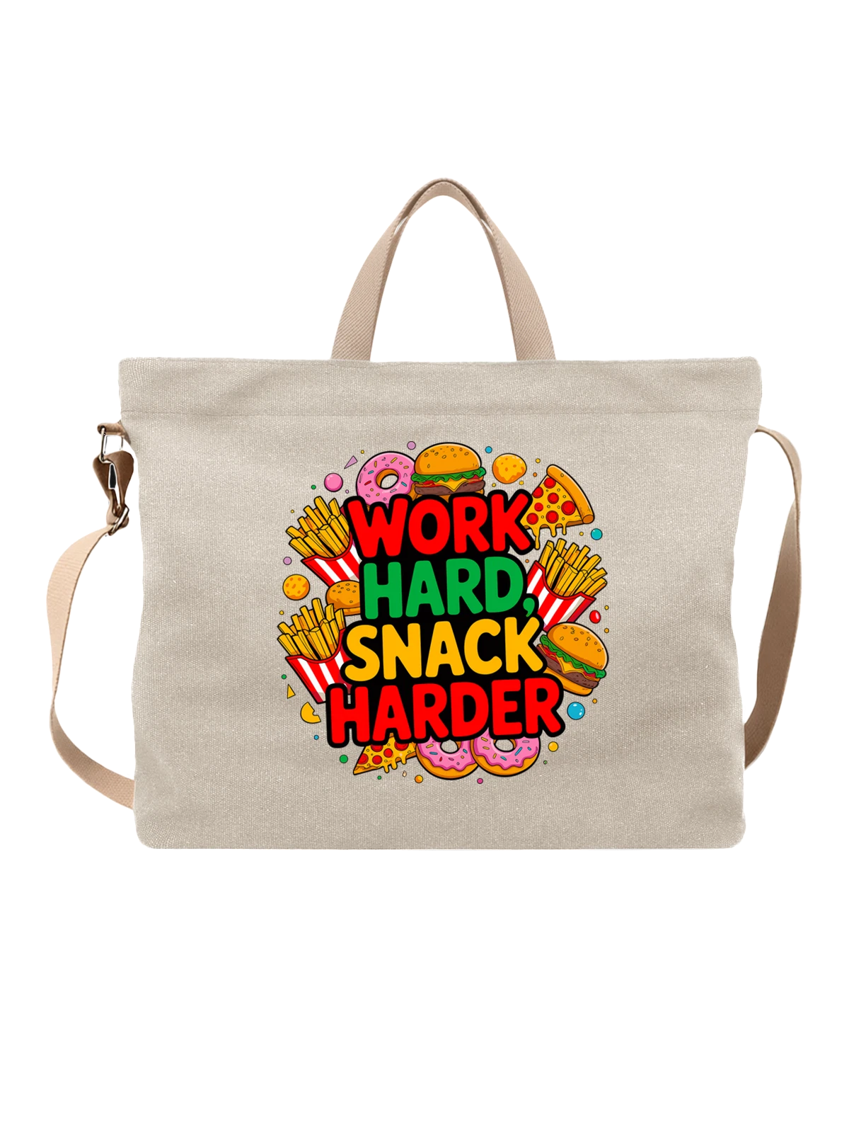 Сумка бежевая с принтом с надписью Work Hard Snack Harder фастфуд — пицца — Бежевая, фото 1