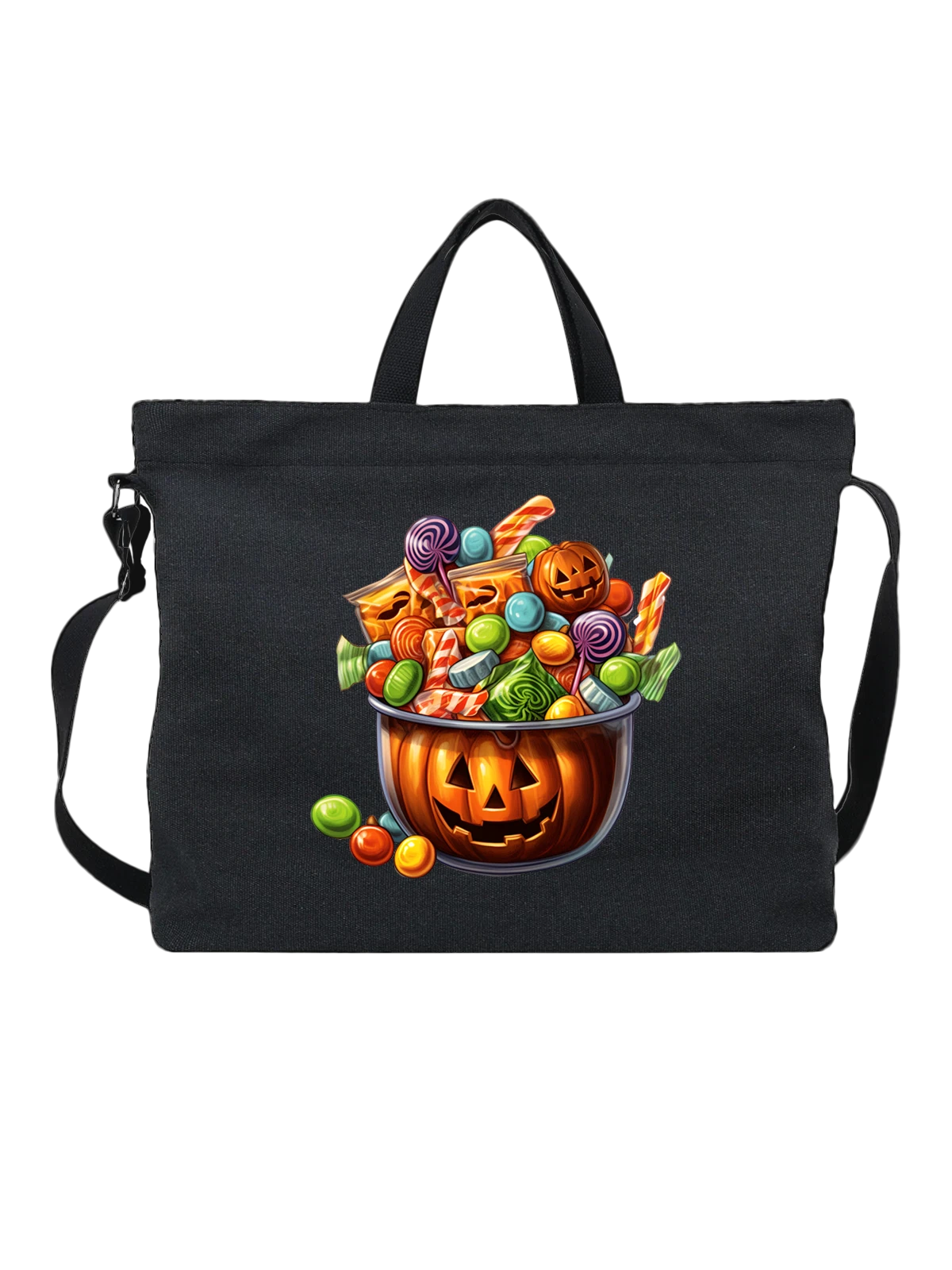 Сумка чёрная с принтом Jack-o'-lantern candy bucket на Хэллоуин — trick or treat — Чёрная, фото 1