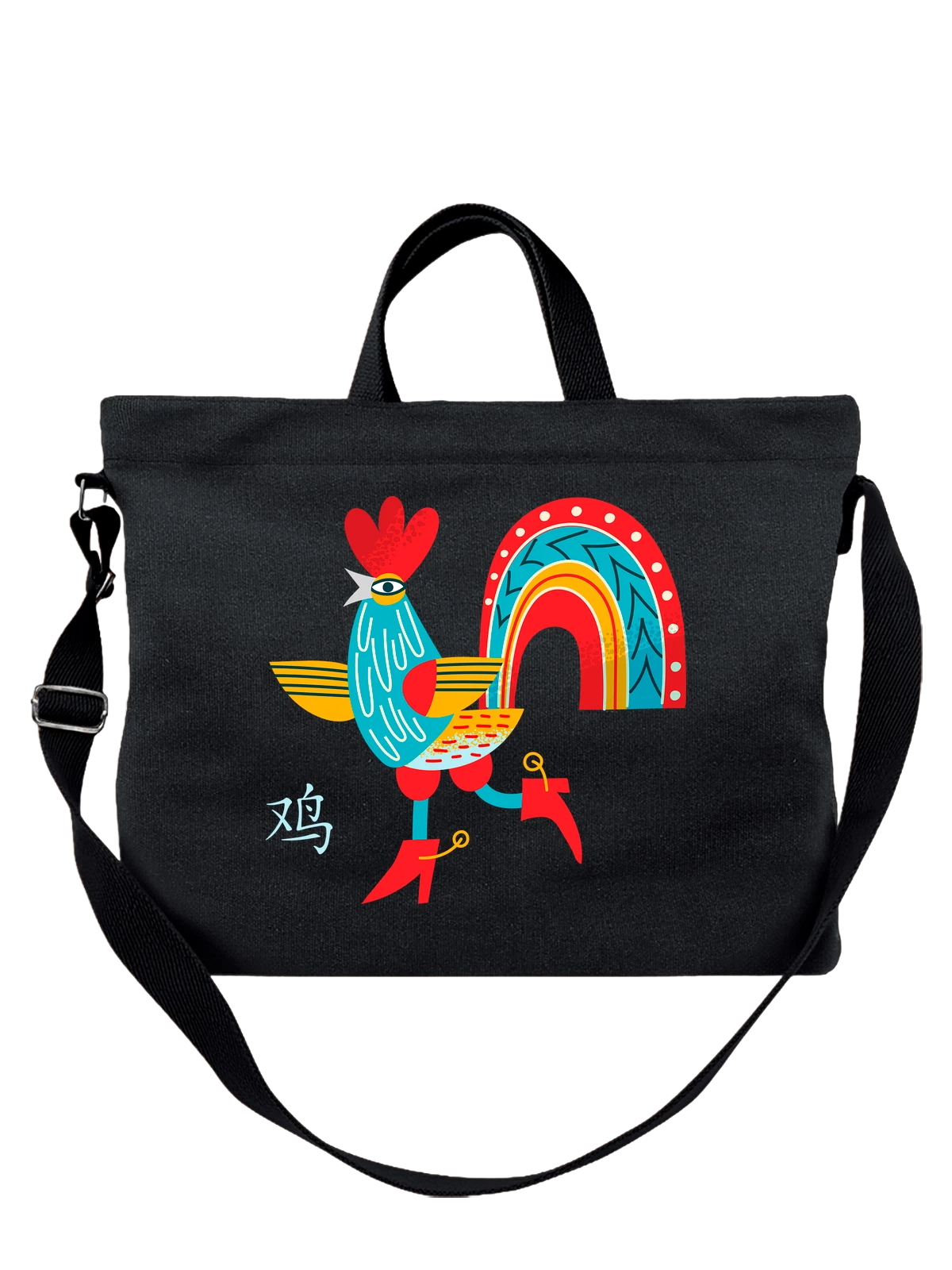 Сумка с петухом иероглифы чёрная с принтом — живая природа — Чёрная, фото 1