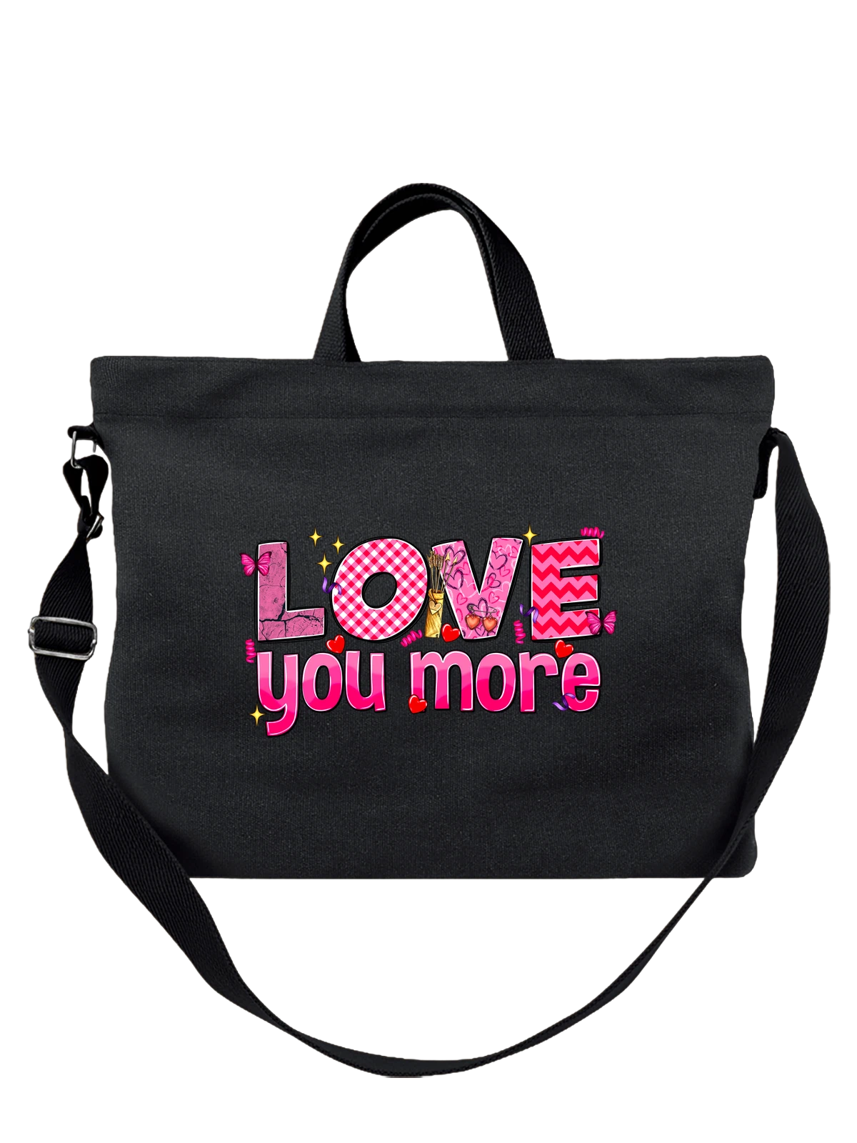 Сумка чёрная с принтом LOVE you more с сердцами и бабочками — glitter style — Чёрная, фото 1