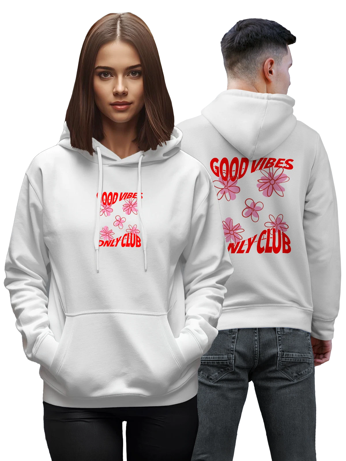Худи с надписью good vibes белое с принтом — флористика — Белая, фото 1
