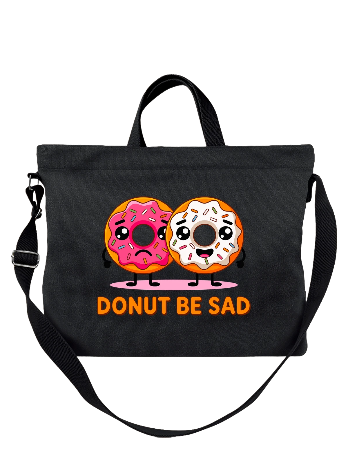 Сумка чёрная с принтом Два грустных пончика Donut Be Sad — десерт — Чёрная, фото 1