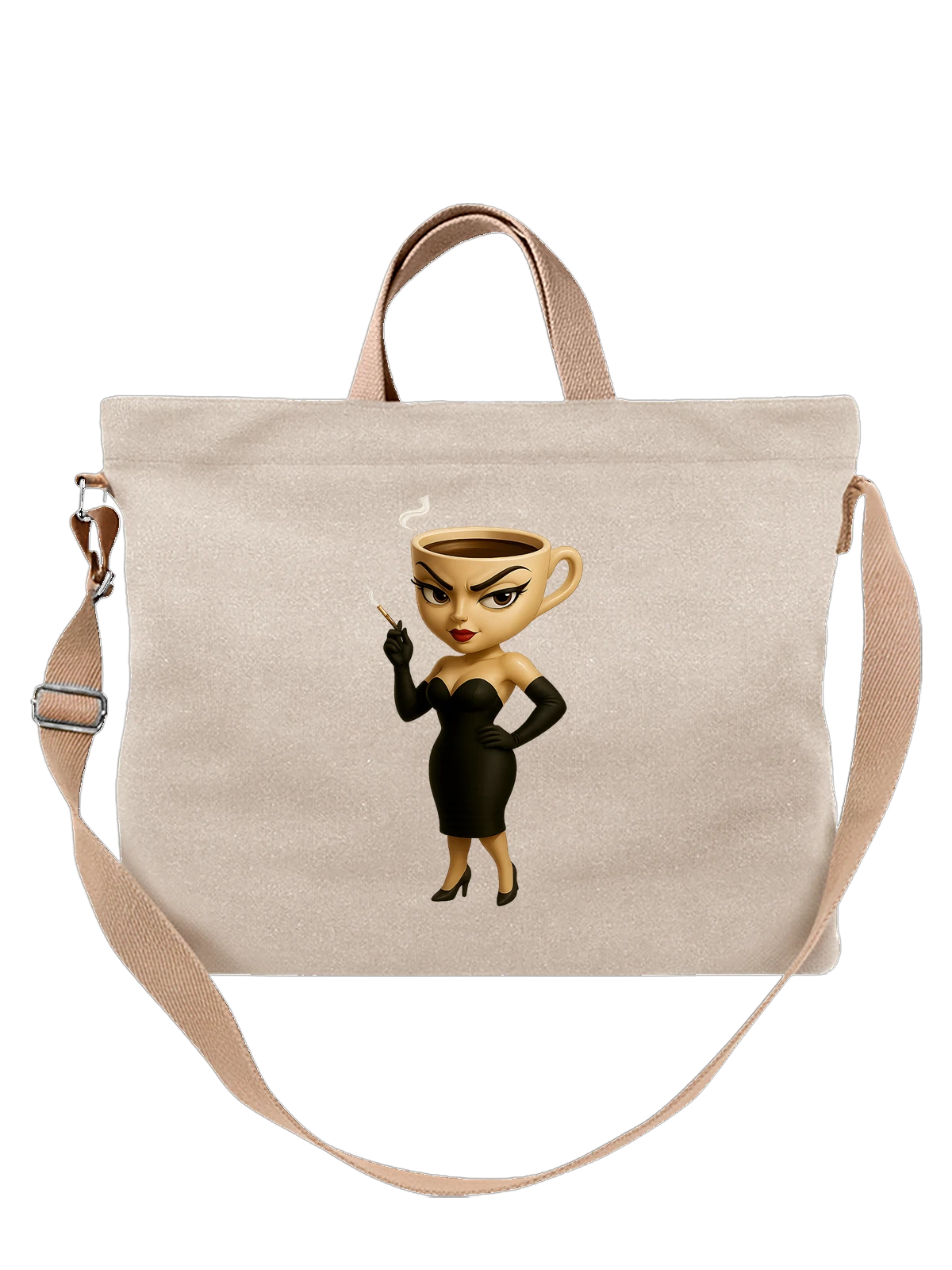 Сумка бежевая с принтом Чашка женщина в черном платье и сигаретой — иллюстрация — Бежевая, фото 1
