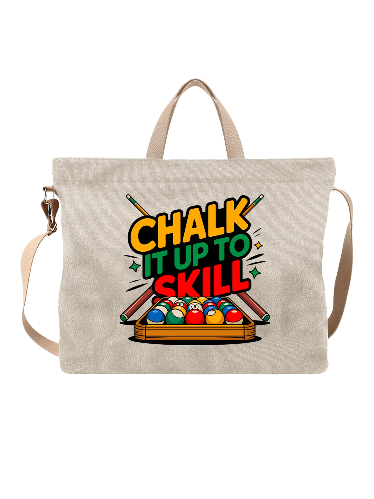 Сумка бежевая с принтом Chalk It Up To Skill с бильярдными шарами — лузный спорт — Бежевая, фото 1