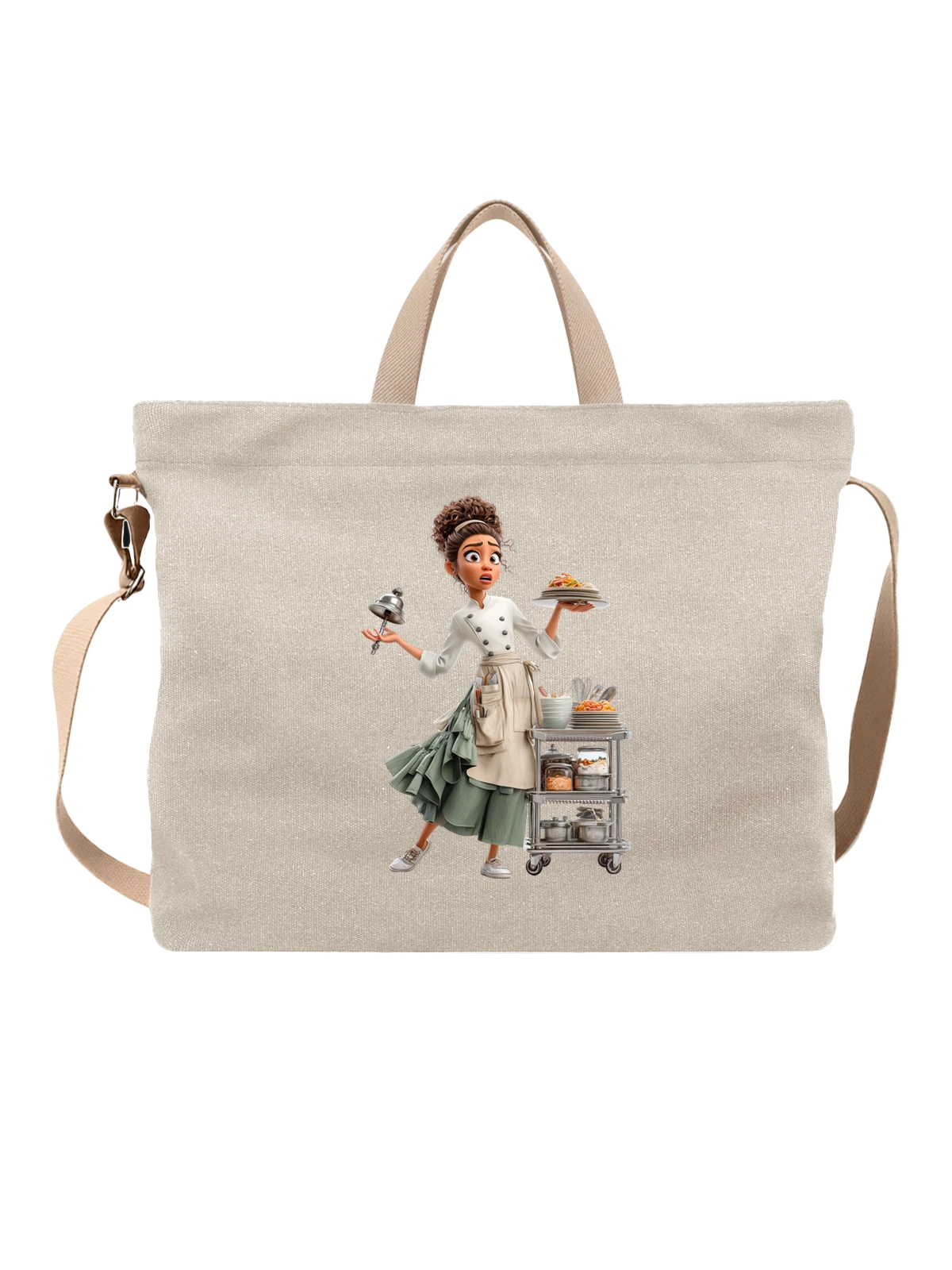 Сумка бежевая с принтом Мультяшный female chef с подносом и колпаком — тележка для еды — Бежевая, фото 1