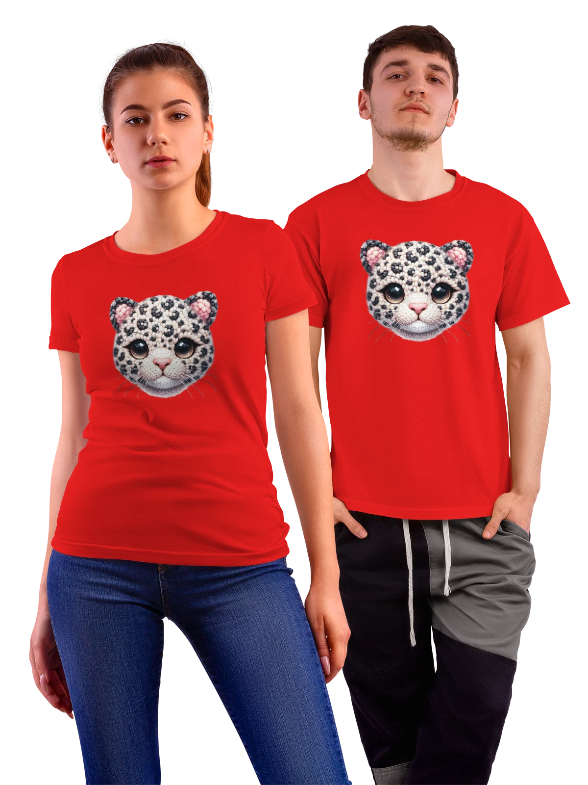 Футболка Леопарденок крупная мордочка с глазами красная с принтом — животное — Красная, фото 1