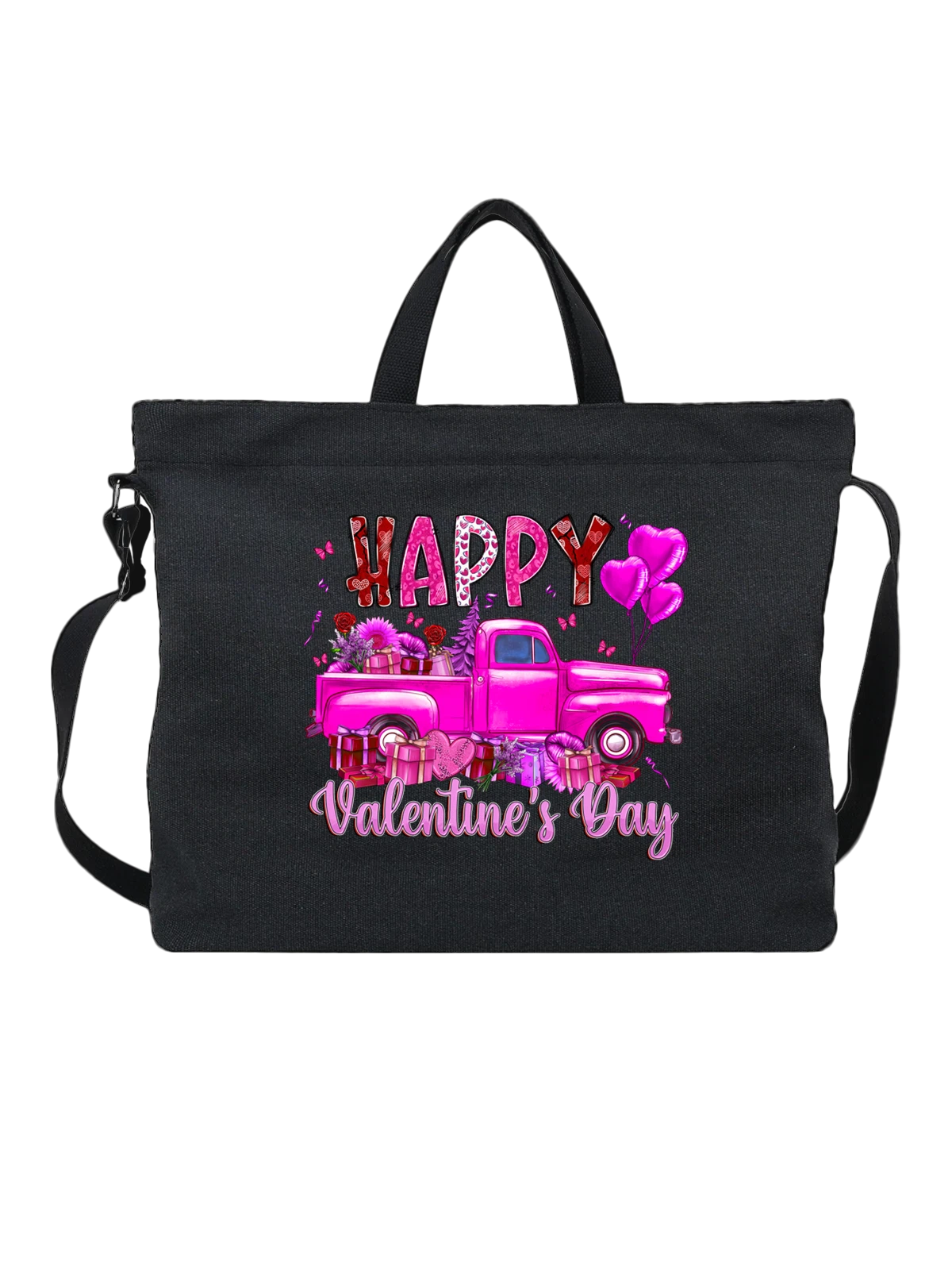 Сумка чёрная с принтом Розовый винтажный пикап Happy Valentine Day — коробки с лентами — Чёрная, фото 1